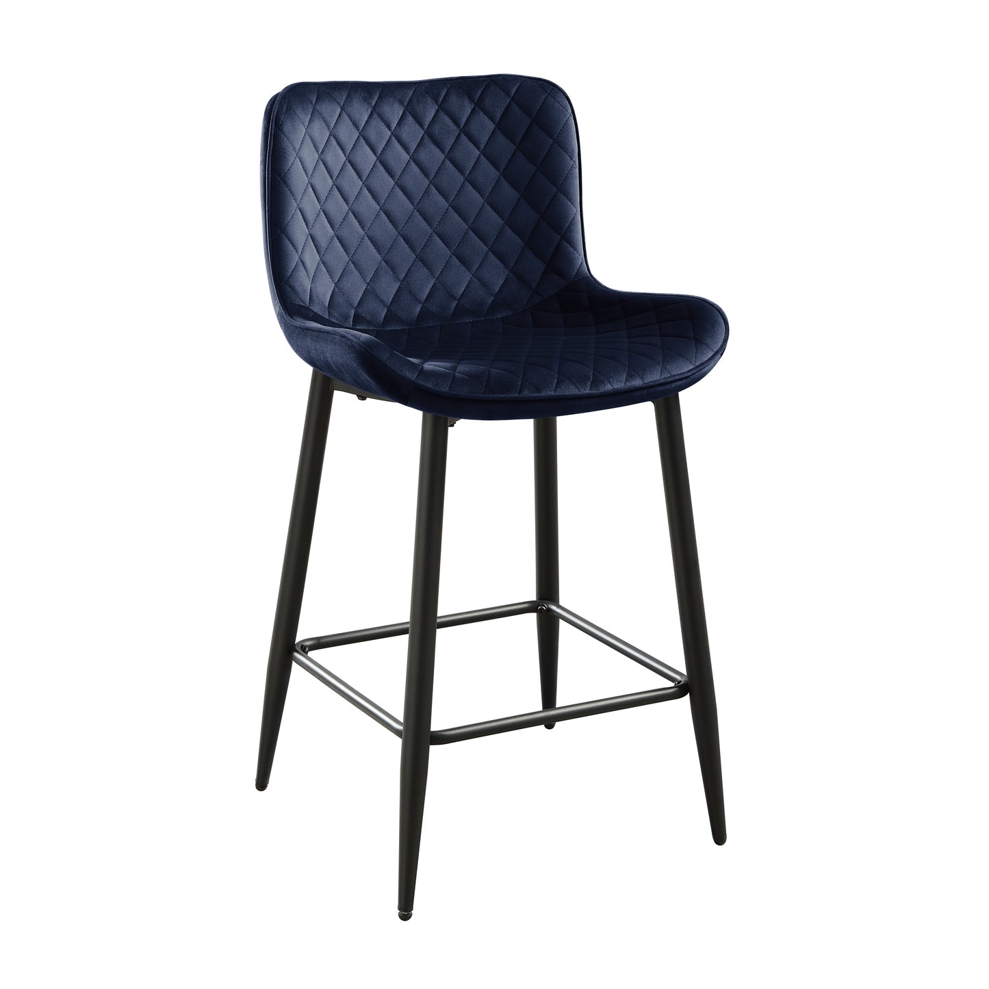Deep navy velvet bar stool with diamond tufting and black metal legs