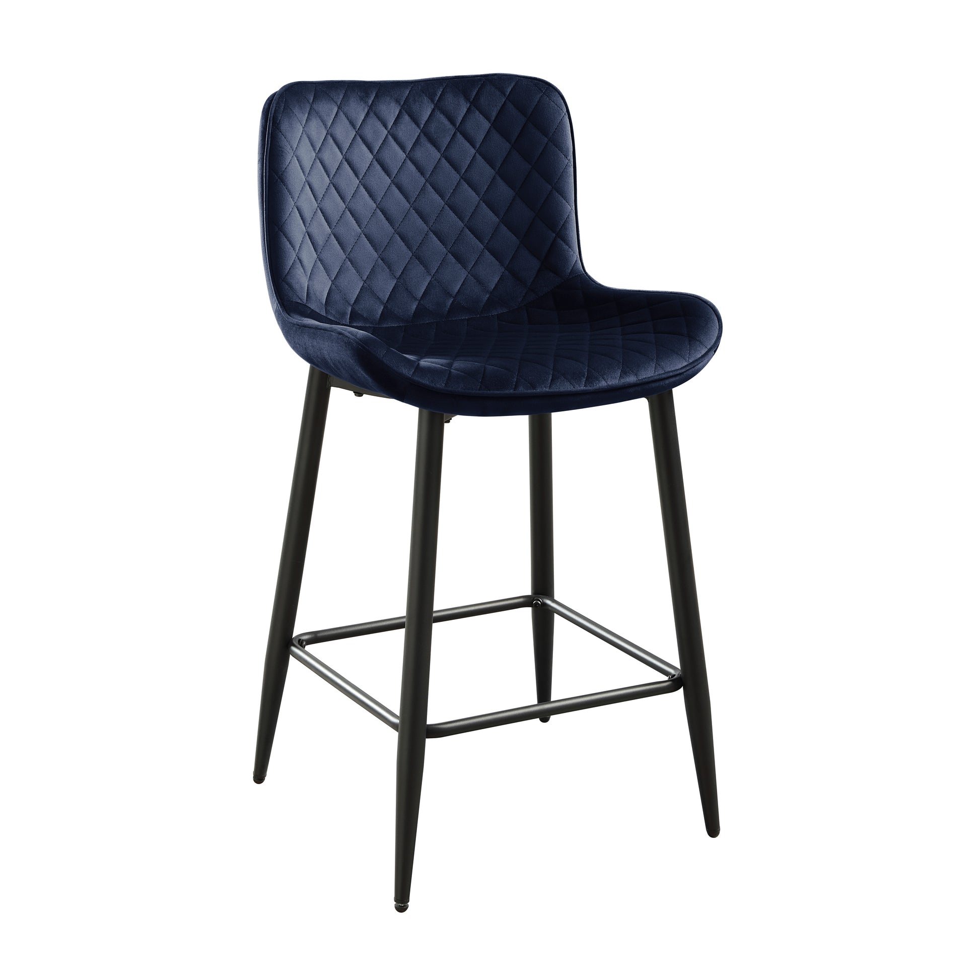 Deep navy velvet bar stool with diamond tufting and black metal legs