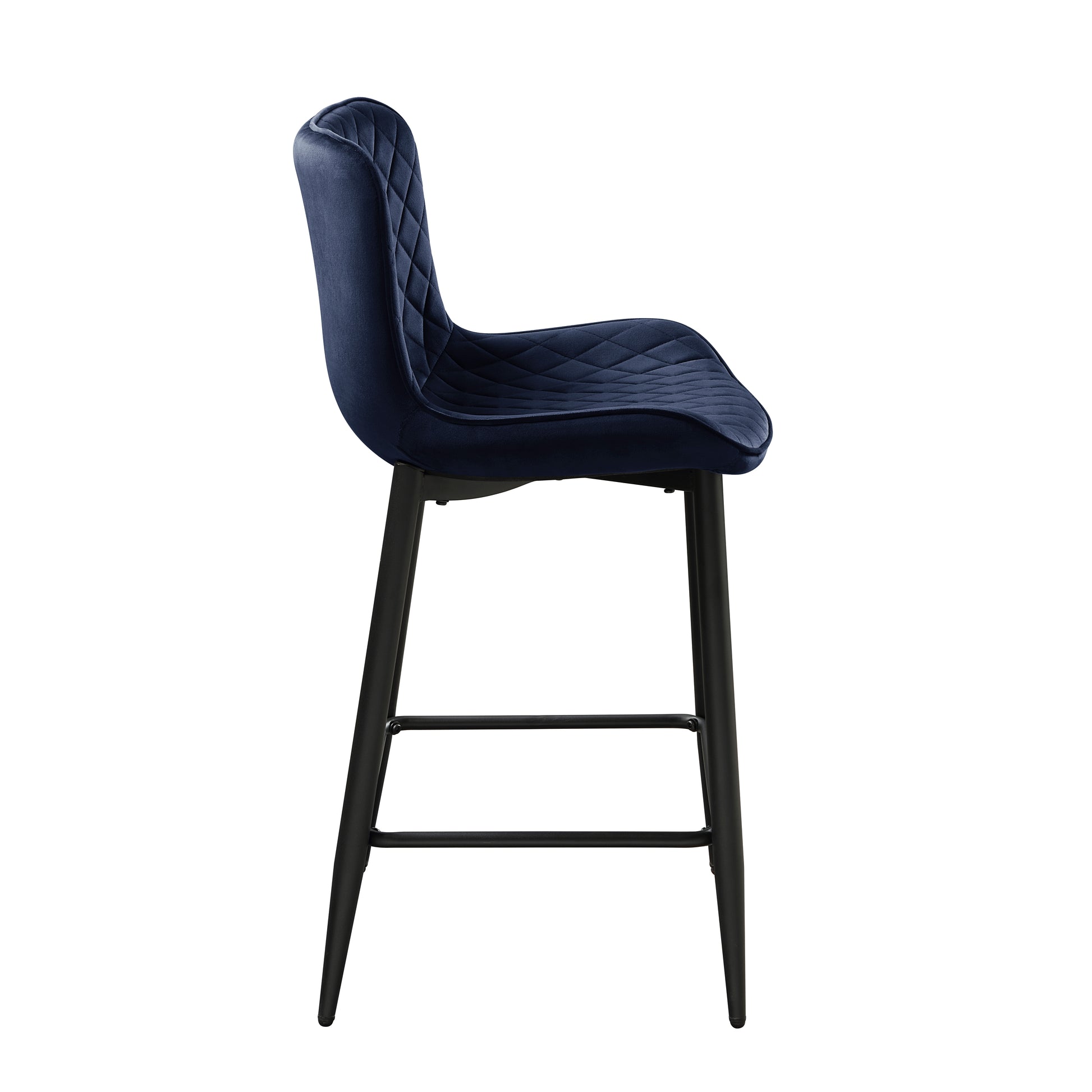 Navy blue velvet bar stool with diamond tufting and black metal legs