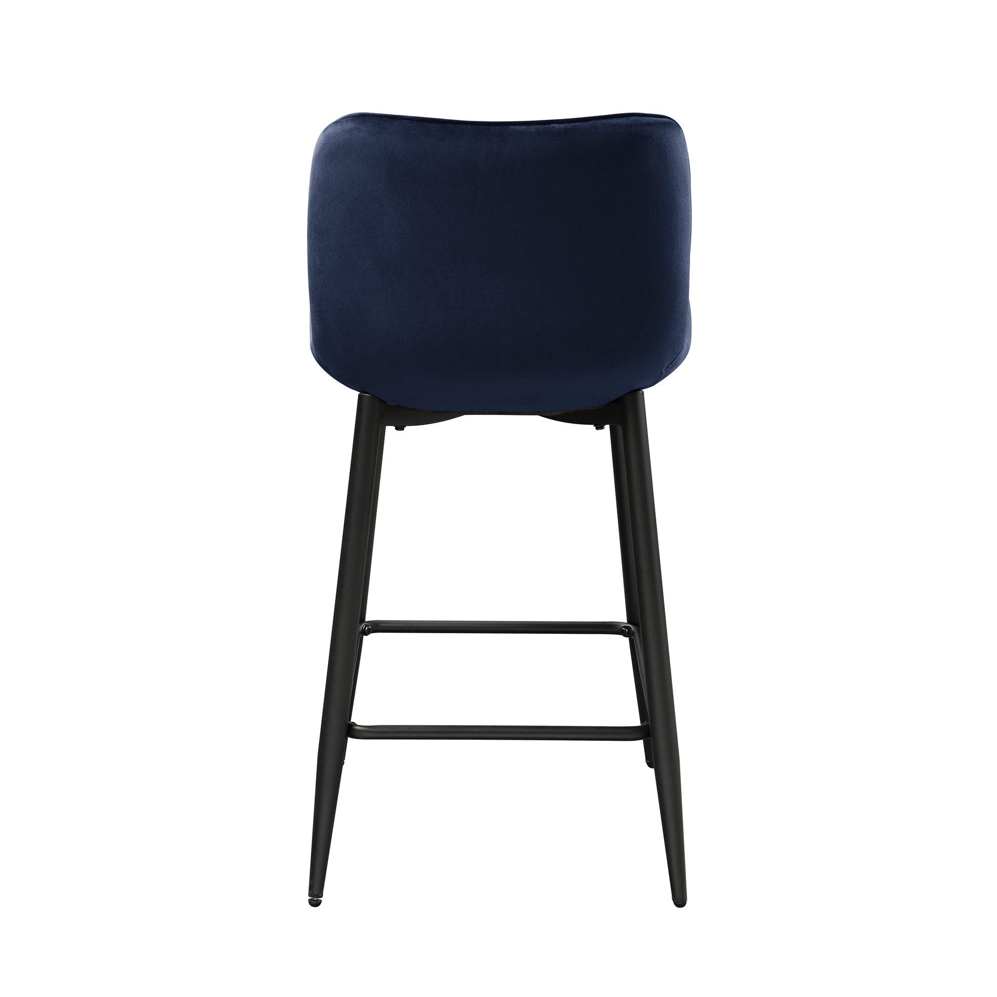 Navy blue velvet counter stool with black metal legs back view elegant modern design