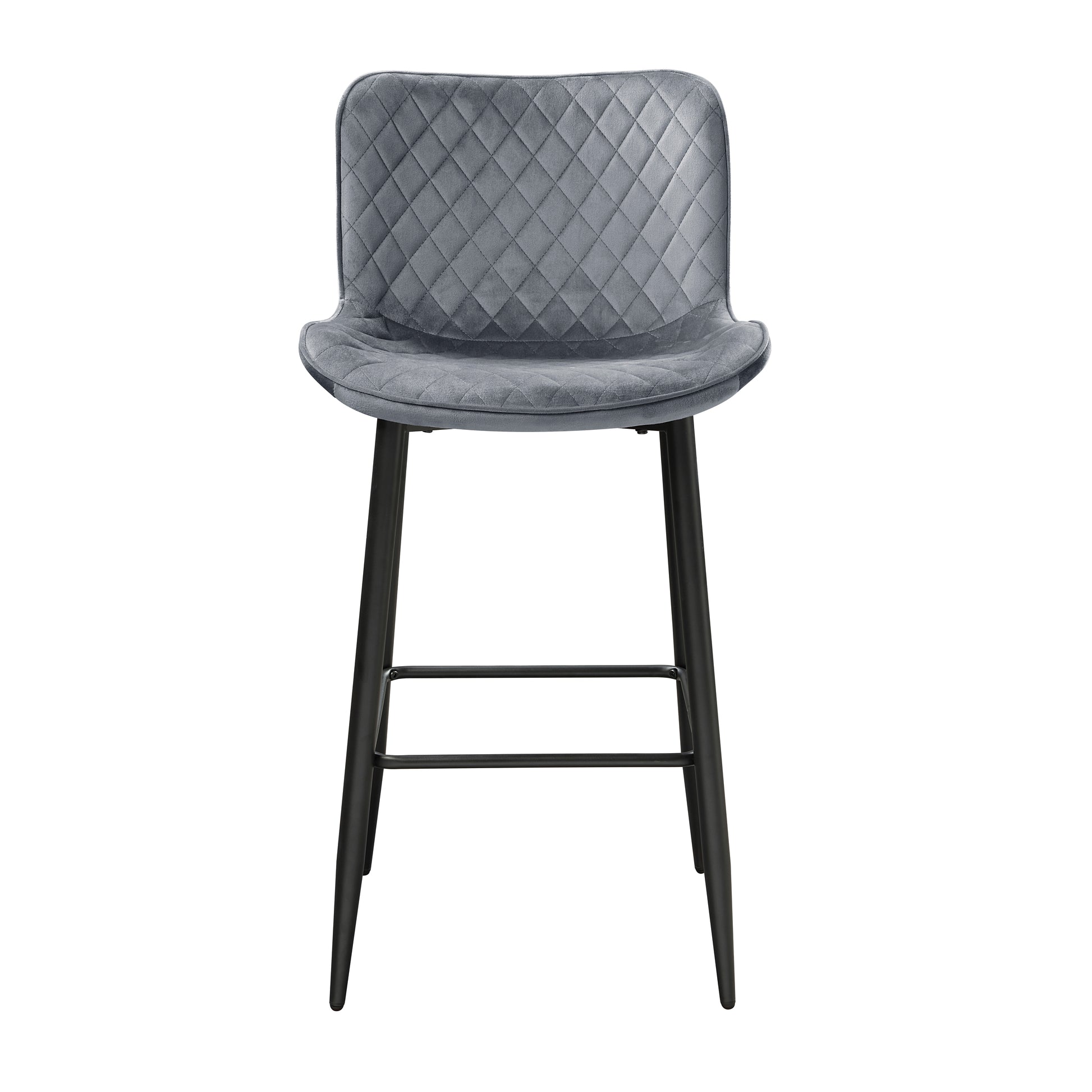 Quilted grey velvet bar stool with black metal legs perfect for modern kitchens