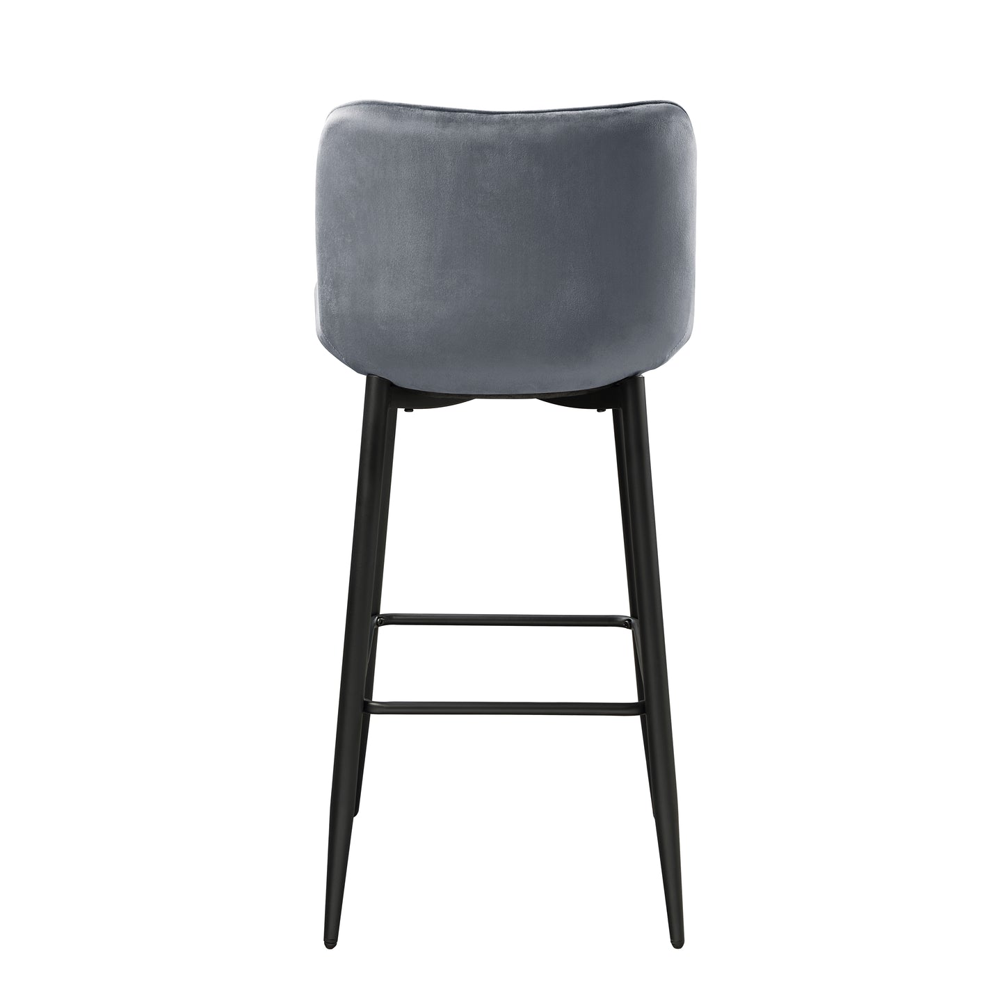 Back view of a plush grey velvet bar stool with sleek black legs