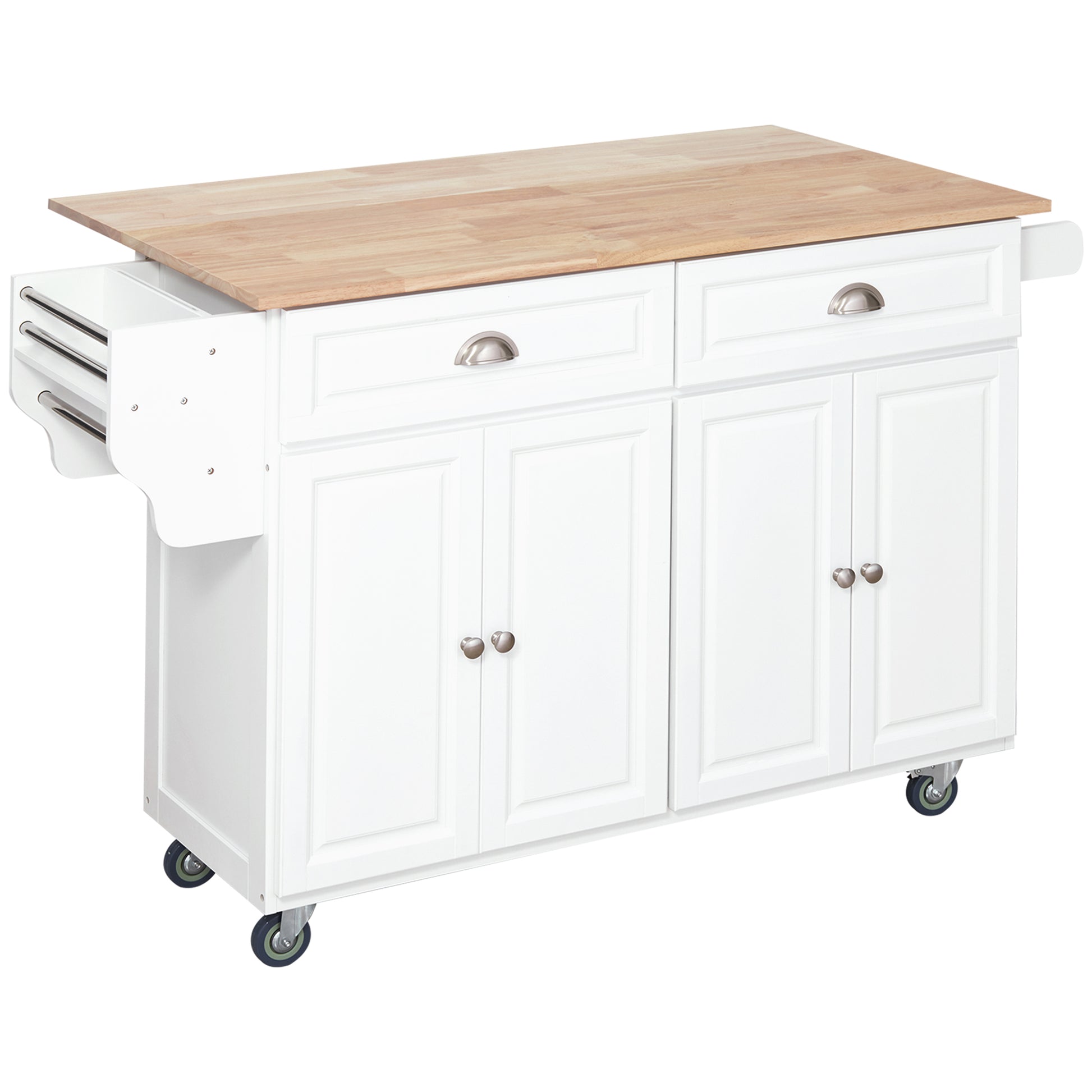 White kitchen island cart with butcher block top and two drawers