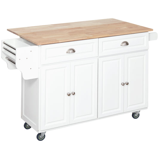 White kitchen island cart with butcher block top and two drawers