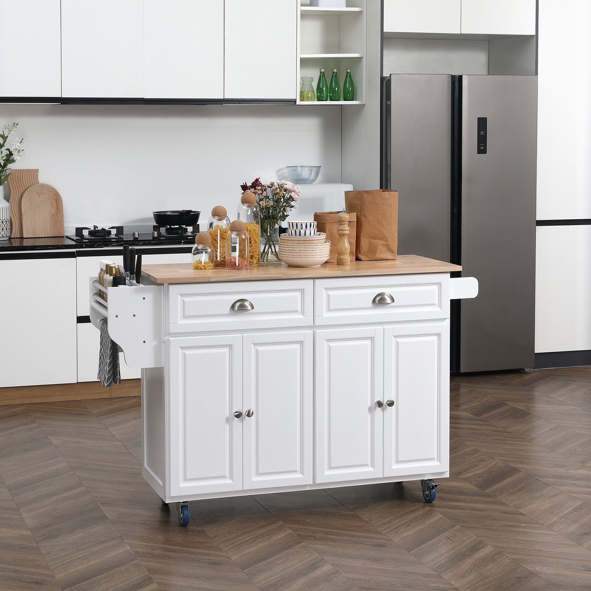 White kitchen island cart with wooden top and two drawers