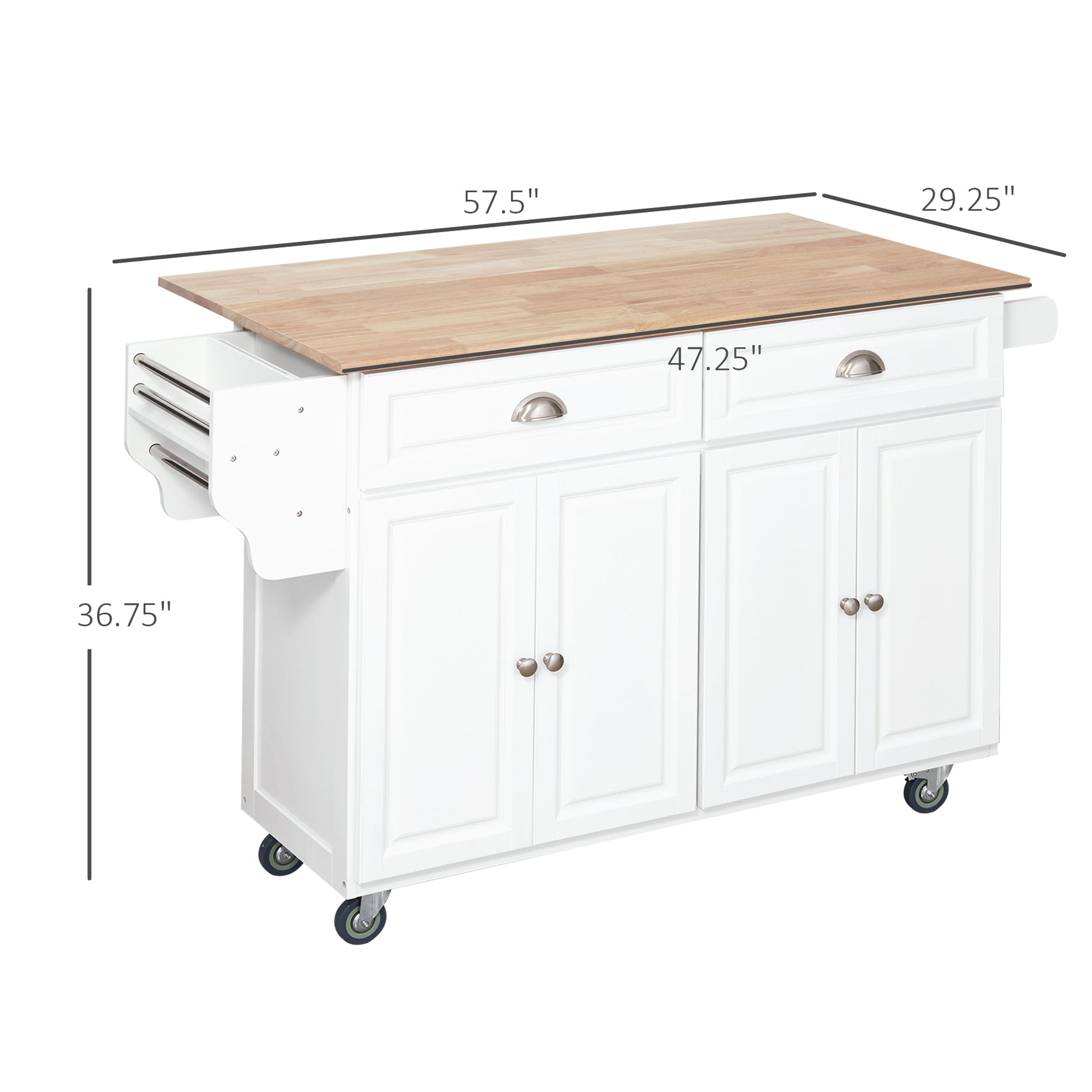 White kitchen cart with butcher block top and casters