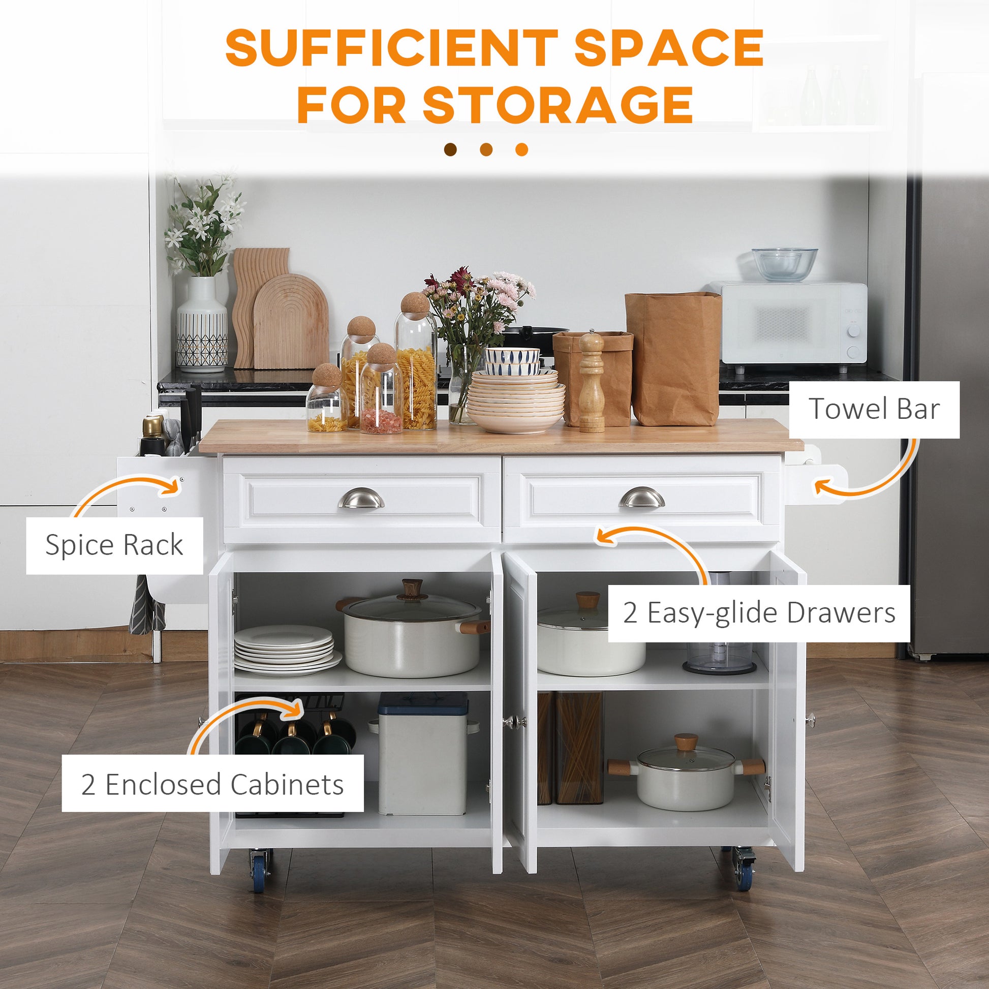 White kitchen island with butcher block top spice rack and storage cabinets