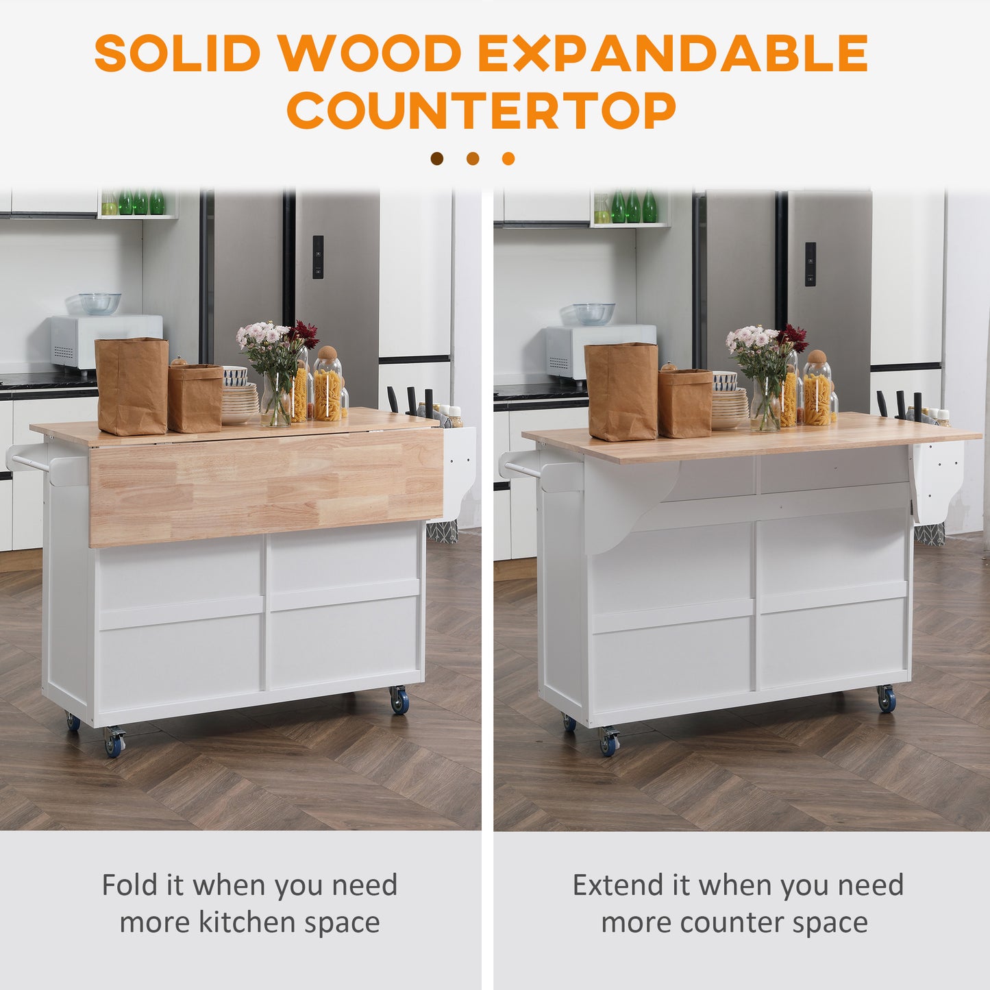 White kitchen island with expandable solid wood countertop extended
