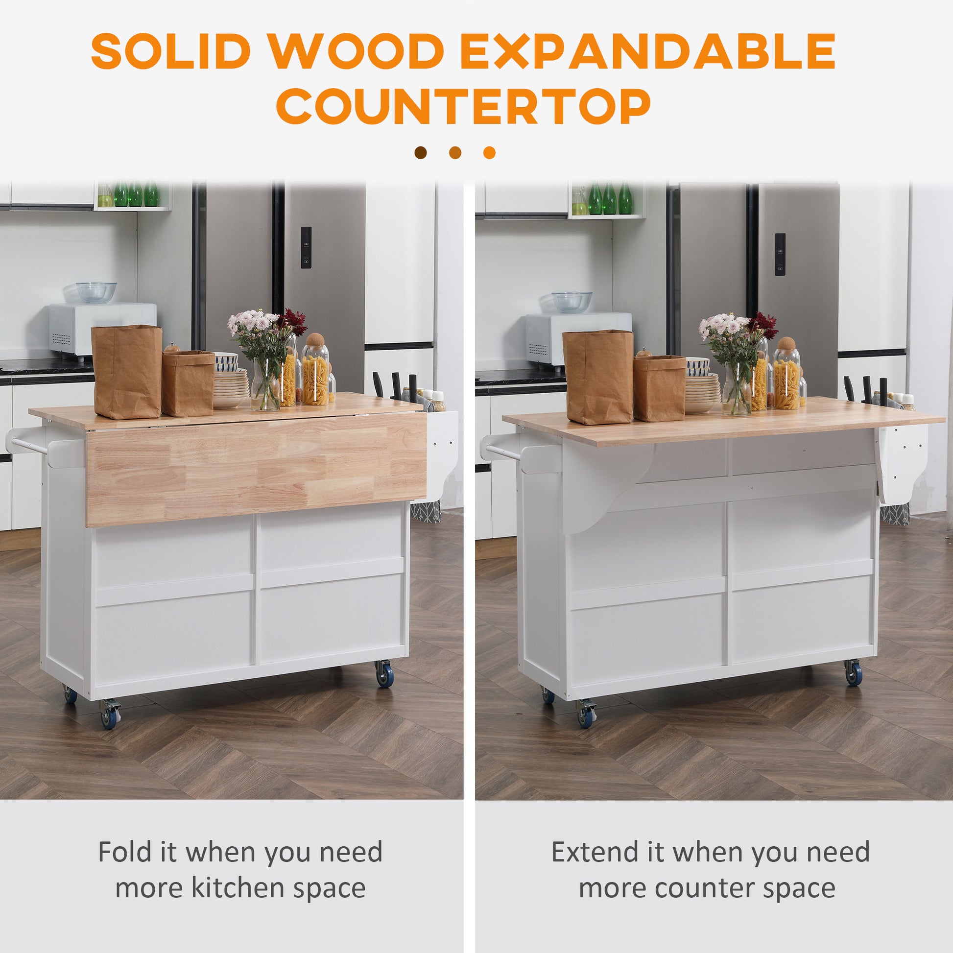 White kitchen island with expandable solid wood countertop extended
