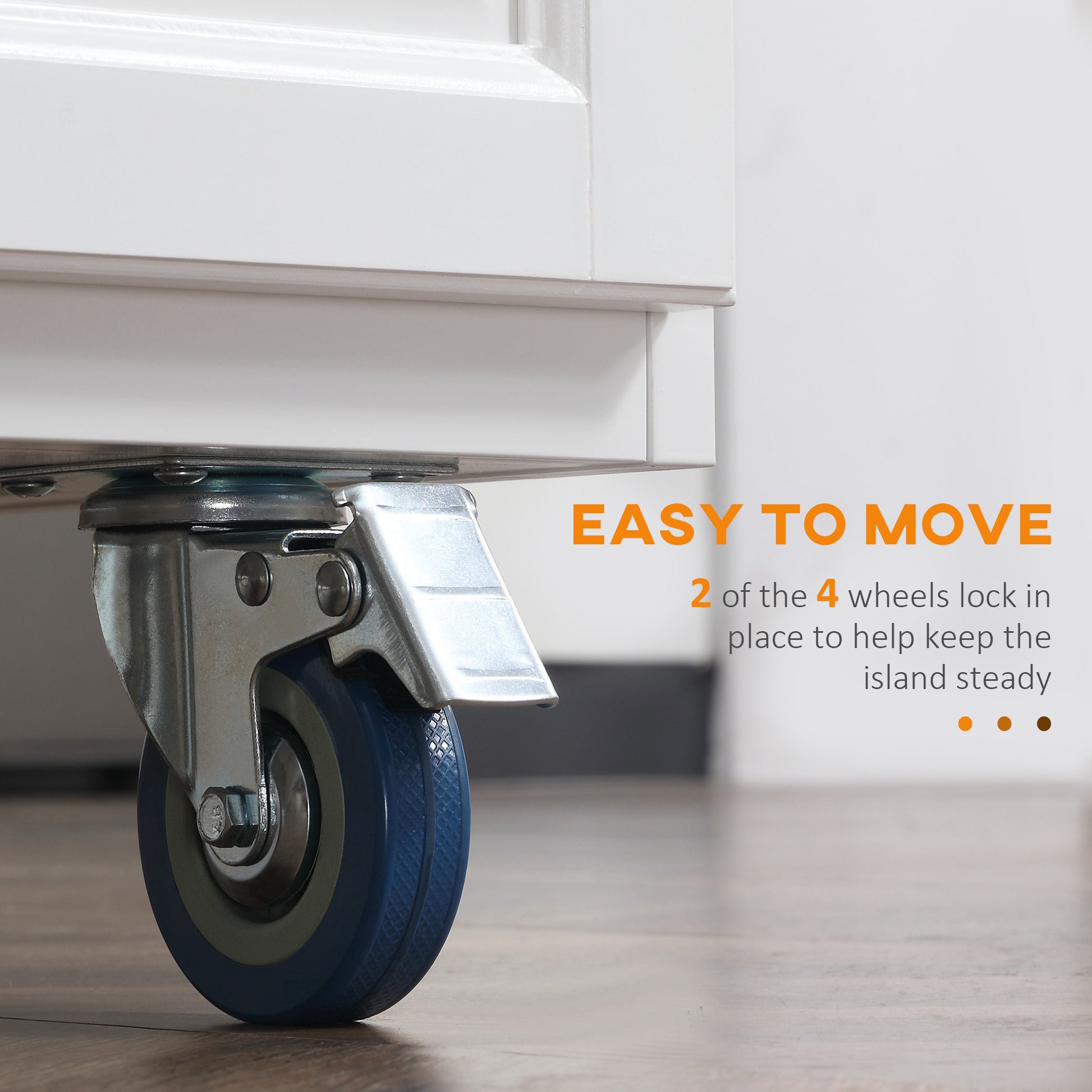 Blue locking caster wheel with chrome bracket on a white island