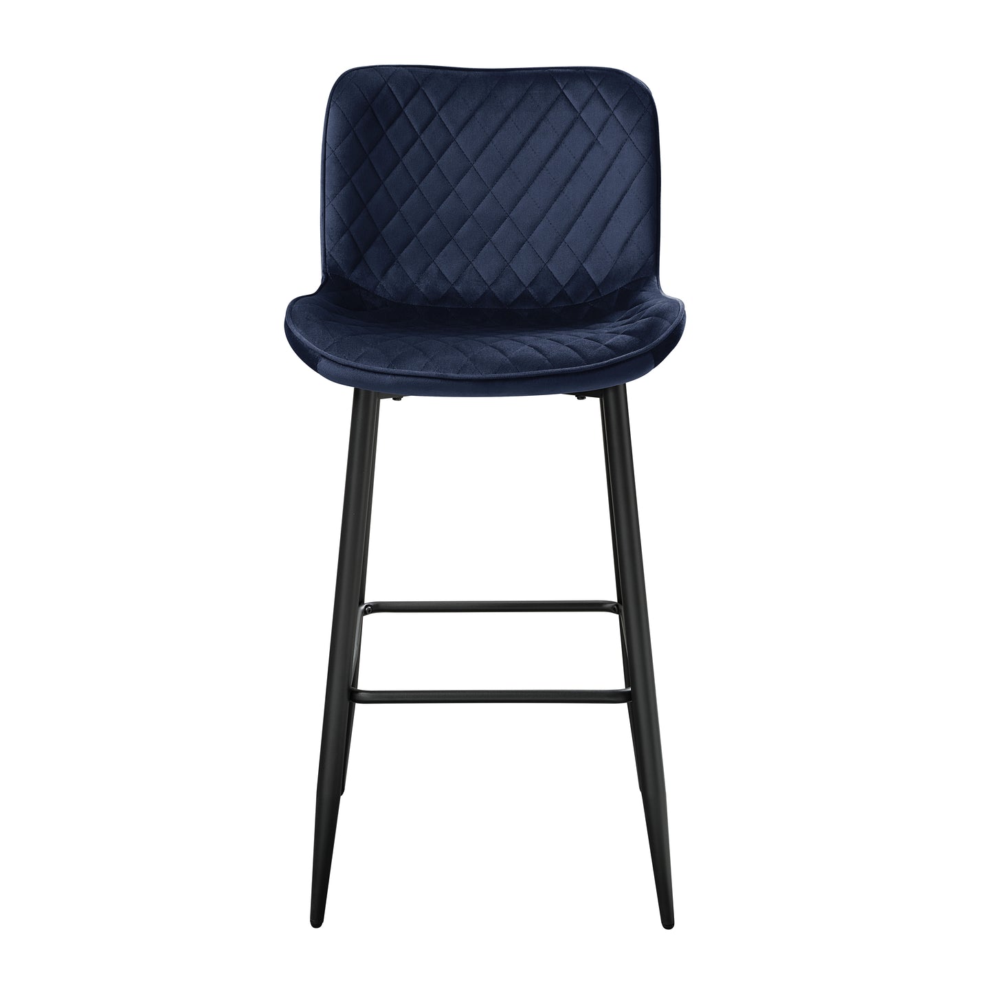 Quilted navy velvet bar stool with black metal legs and footrest