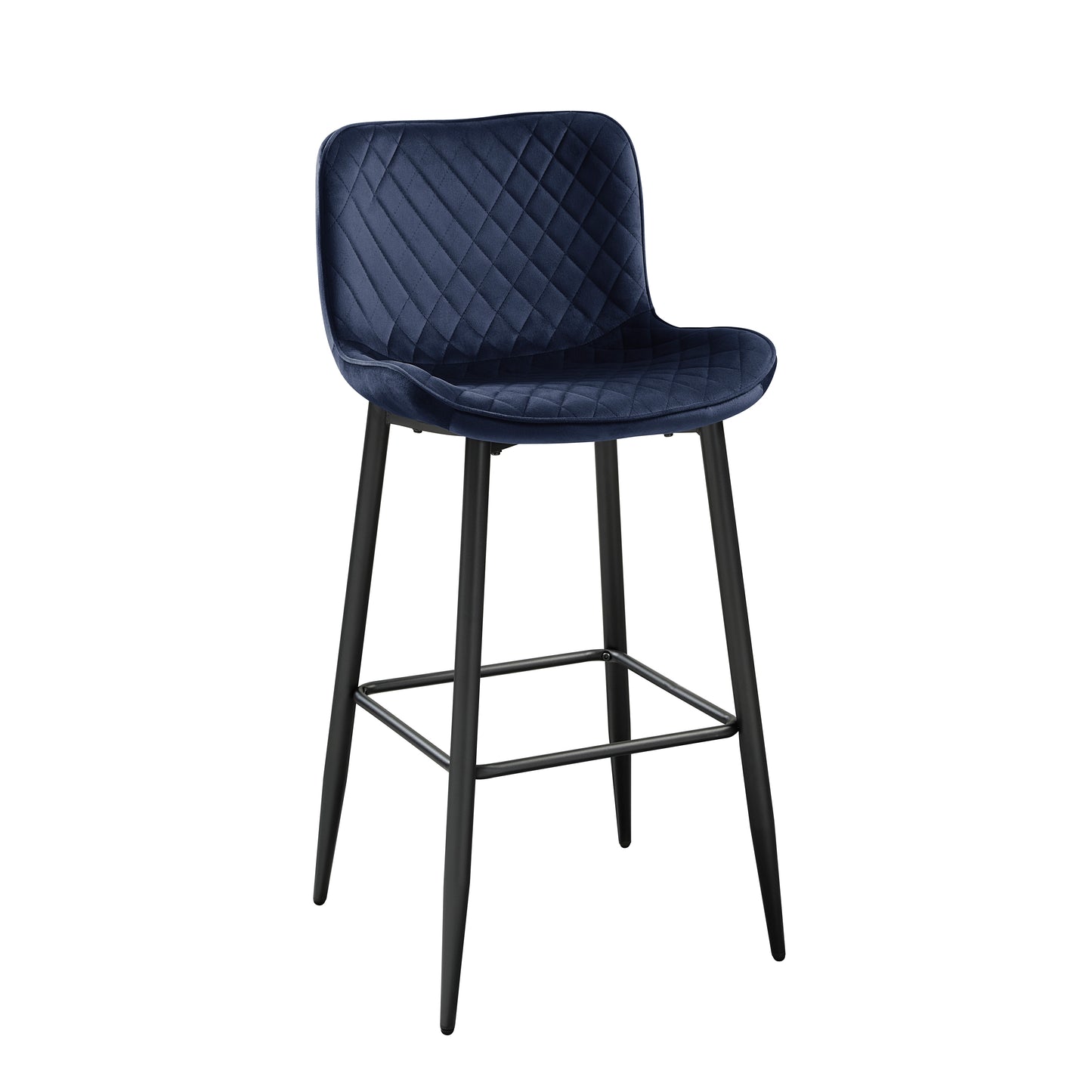 Deep blue velvet bar stool with diamond tufting and black metal legs