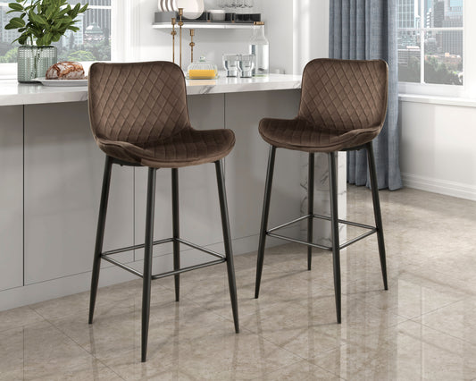 Brown diamondstitched velvet bar stool with black metal legs