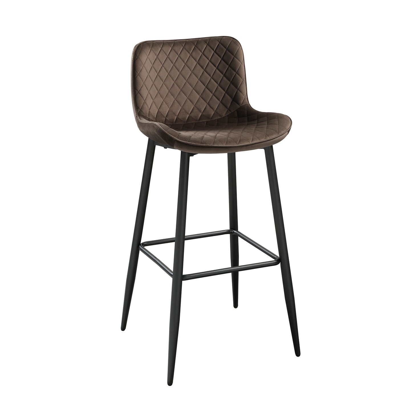 Brown velvet bar stool with diamond tufting and black metal legs