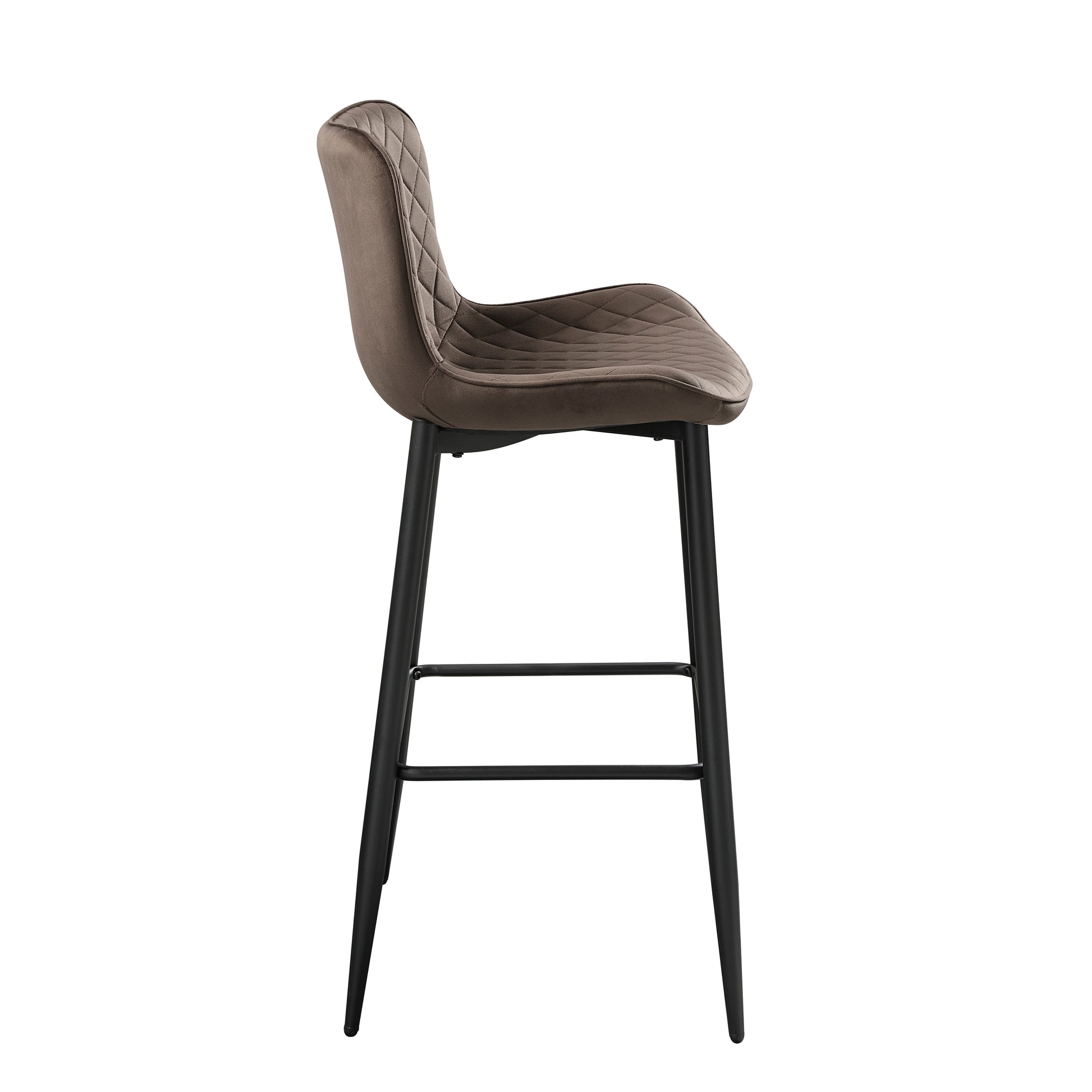 Brown velvet upholstered bar stool with diamond tufting and black metal legs