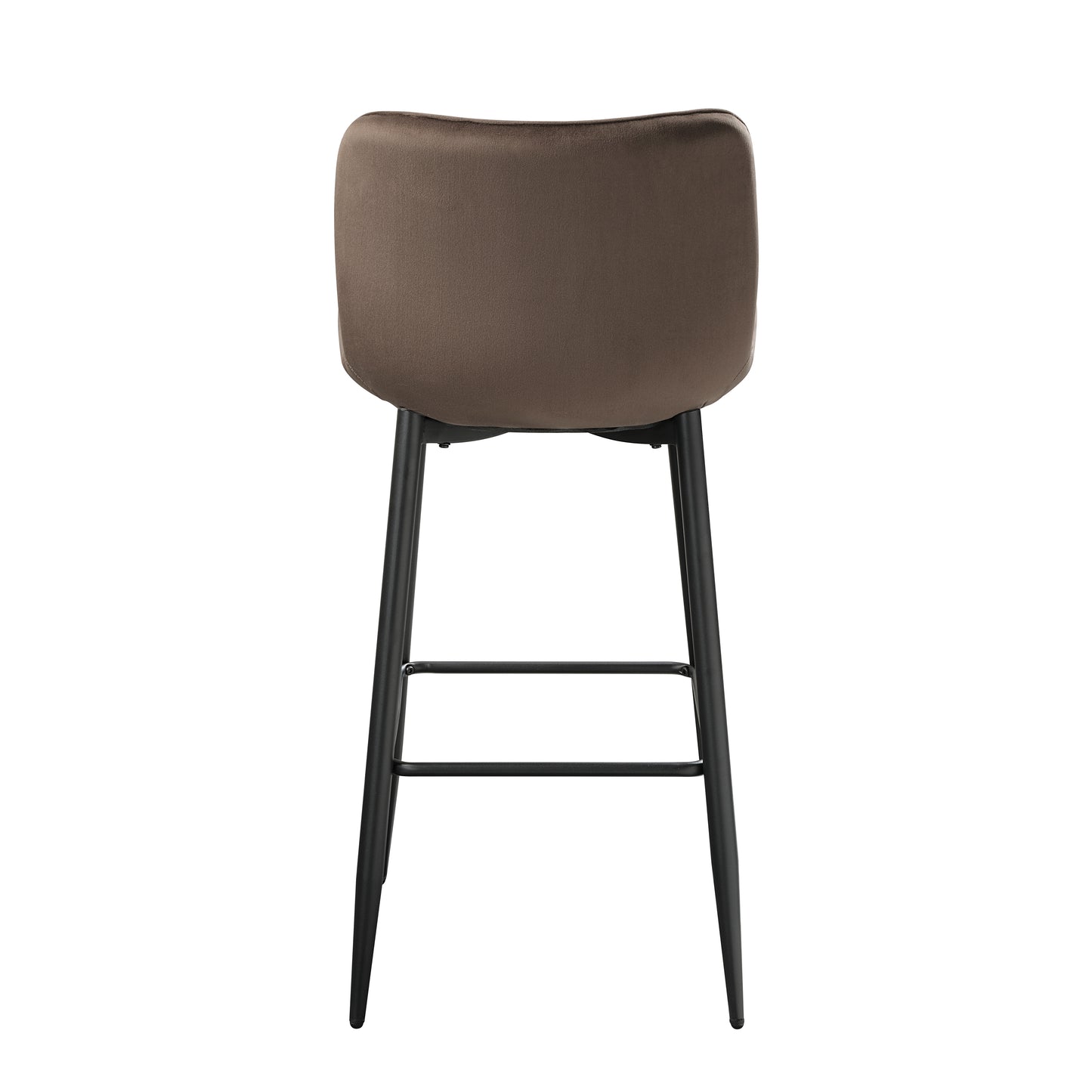 Brown velvet bar stool with a curved back and black metal legs