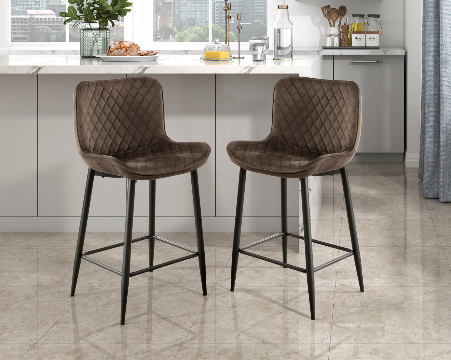 TREATLIFE HOME Set of 2 Counter Height Chairs with Brown Velvet Upholstery, Metal Legs, Modern Design, 24-Inch Seat Height