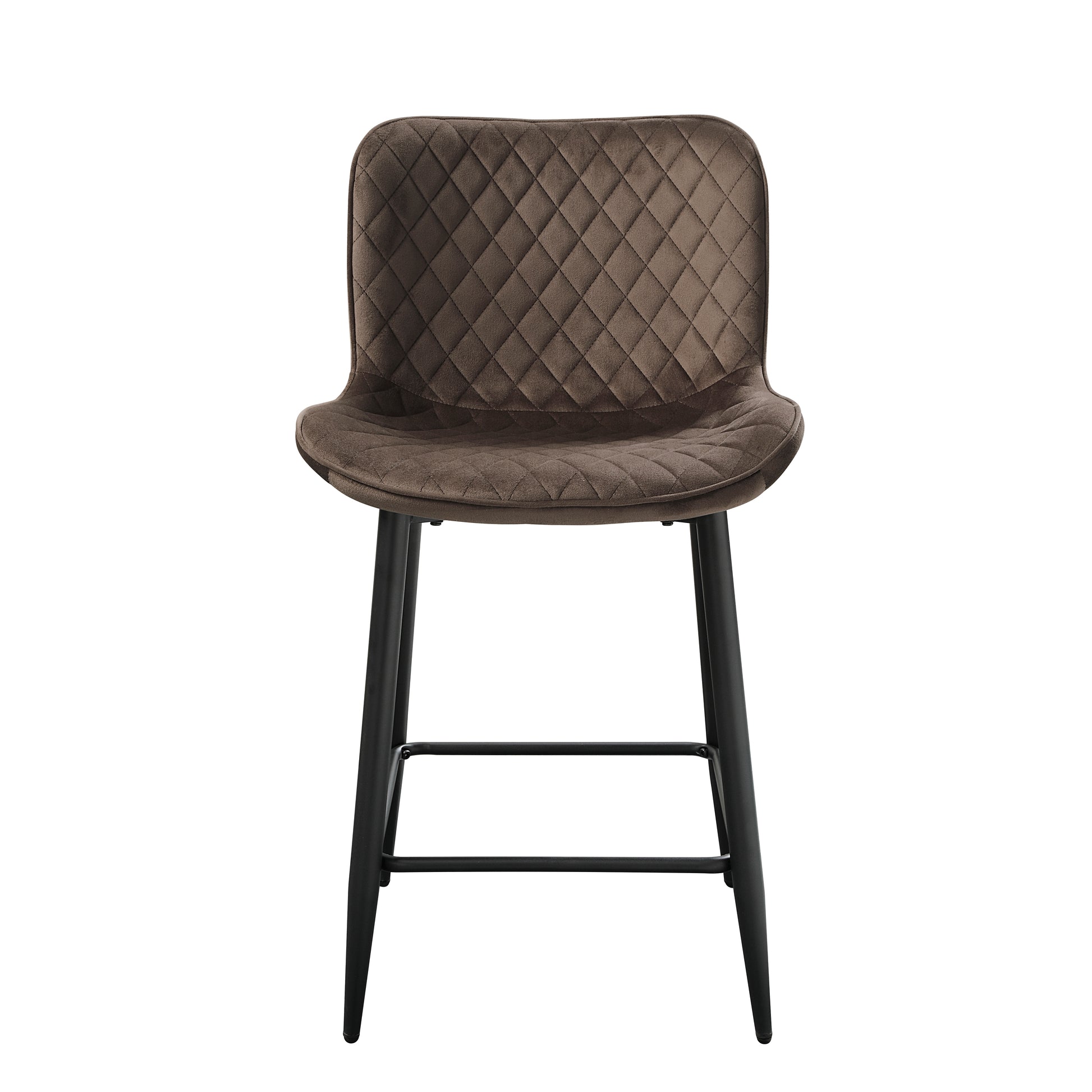 Brown quilted bar stool with black metal legs and footrest