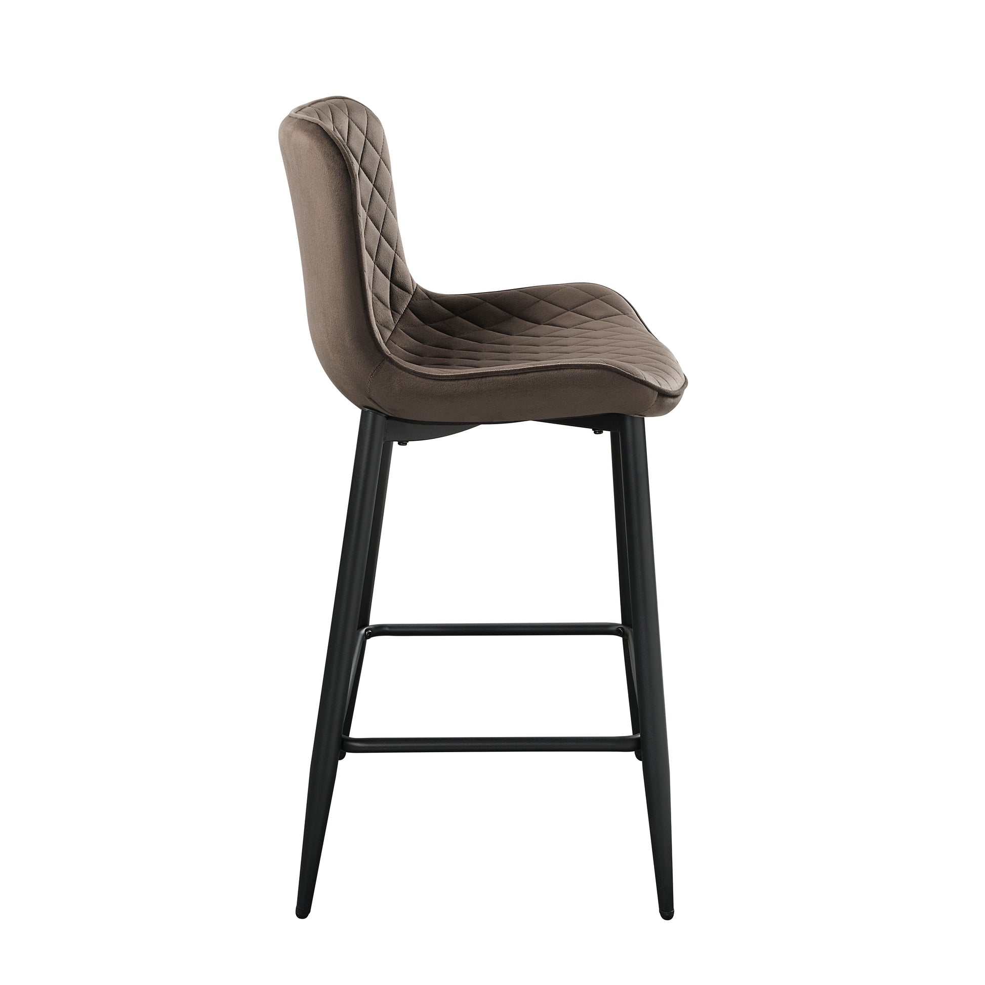 Brown velvet bar stool with diamond tufting and black metal legs