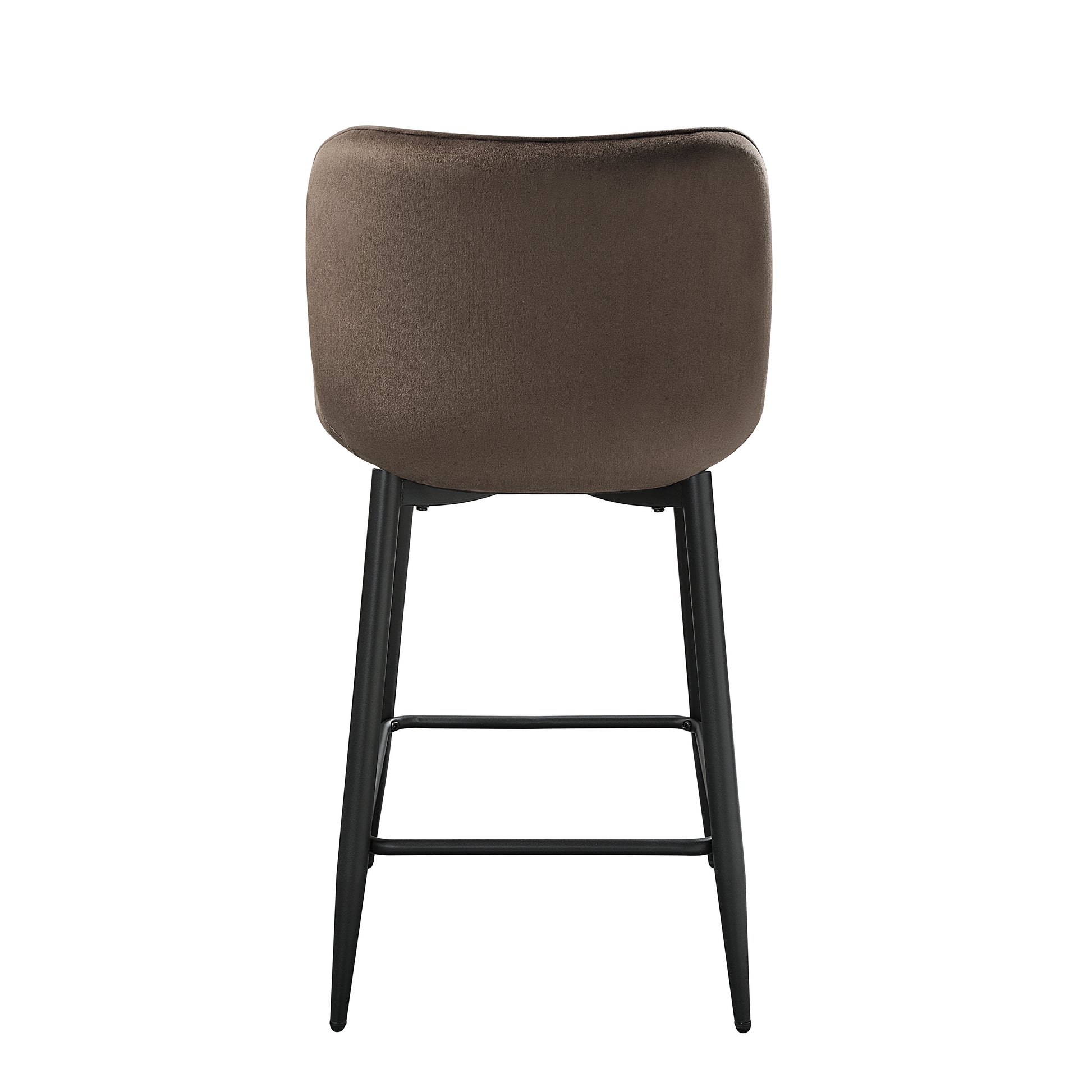 Back view of a brown velvet bar stool with a curved back and black metal legs