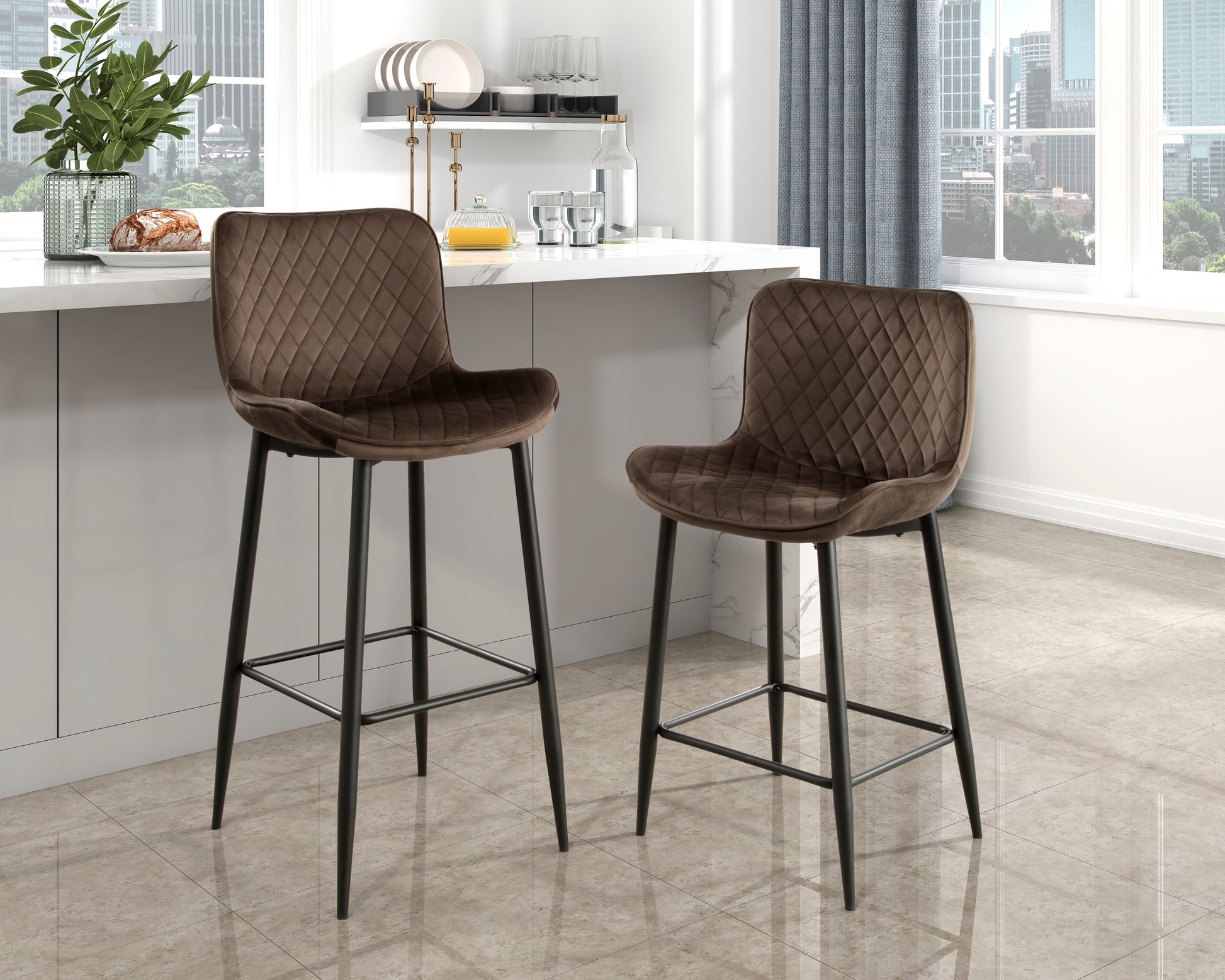 Brown velvet tufted bar stool with black metal legs perfect for modern kitchens