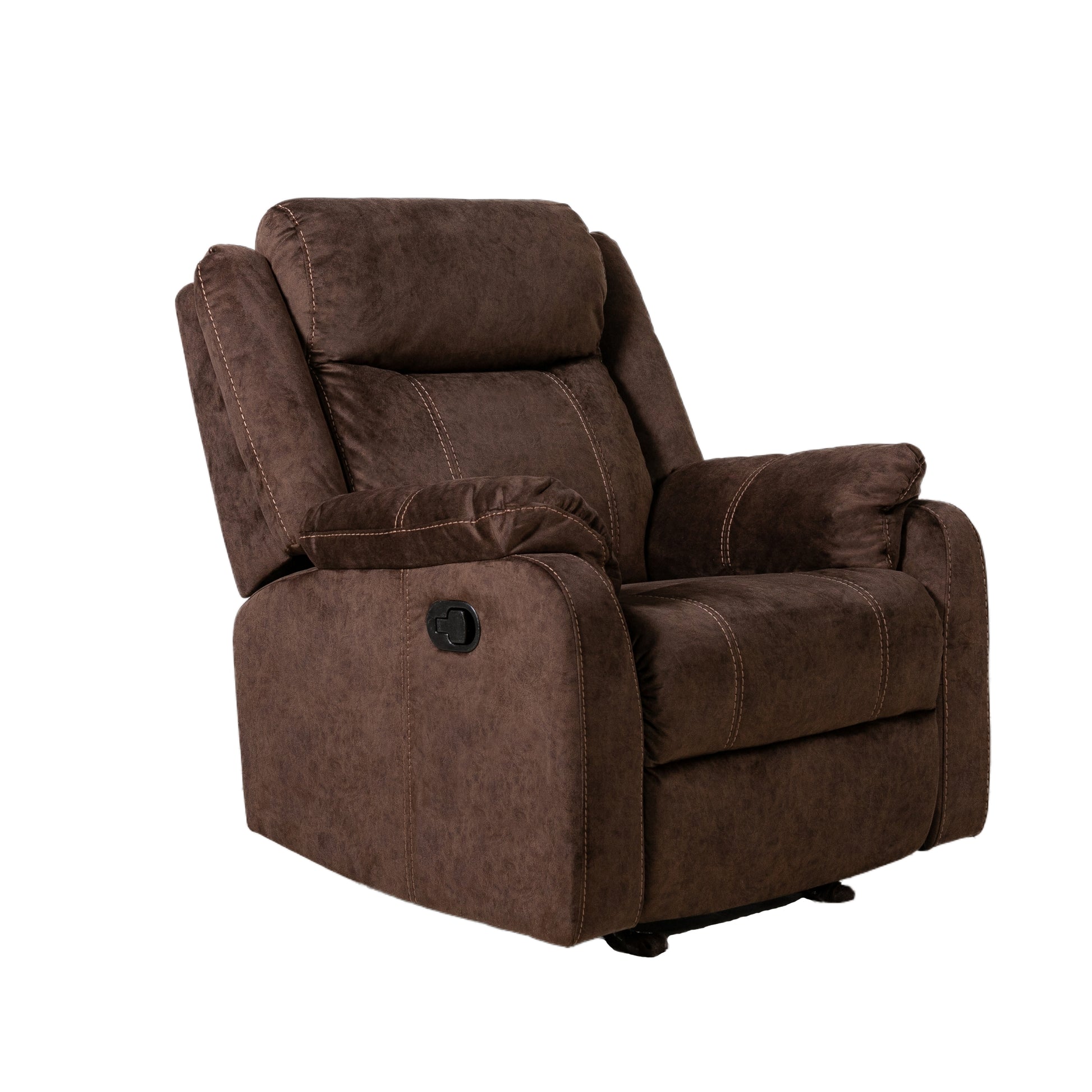 Brown microfiber recliner chair with plush cushioning and stitched detailing