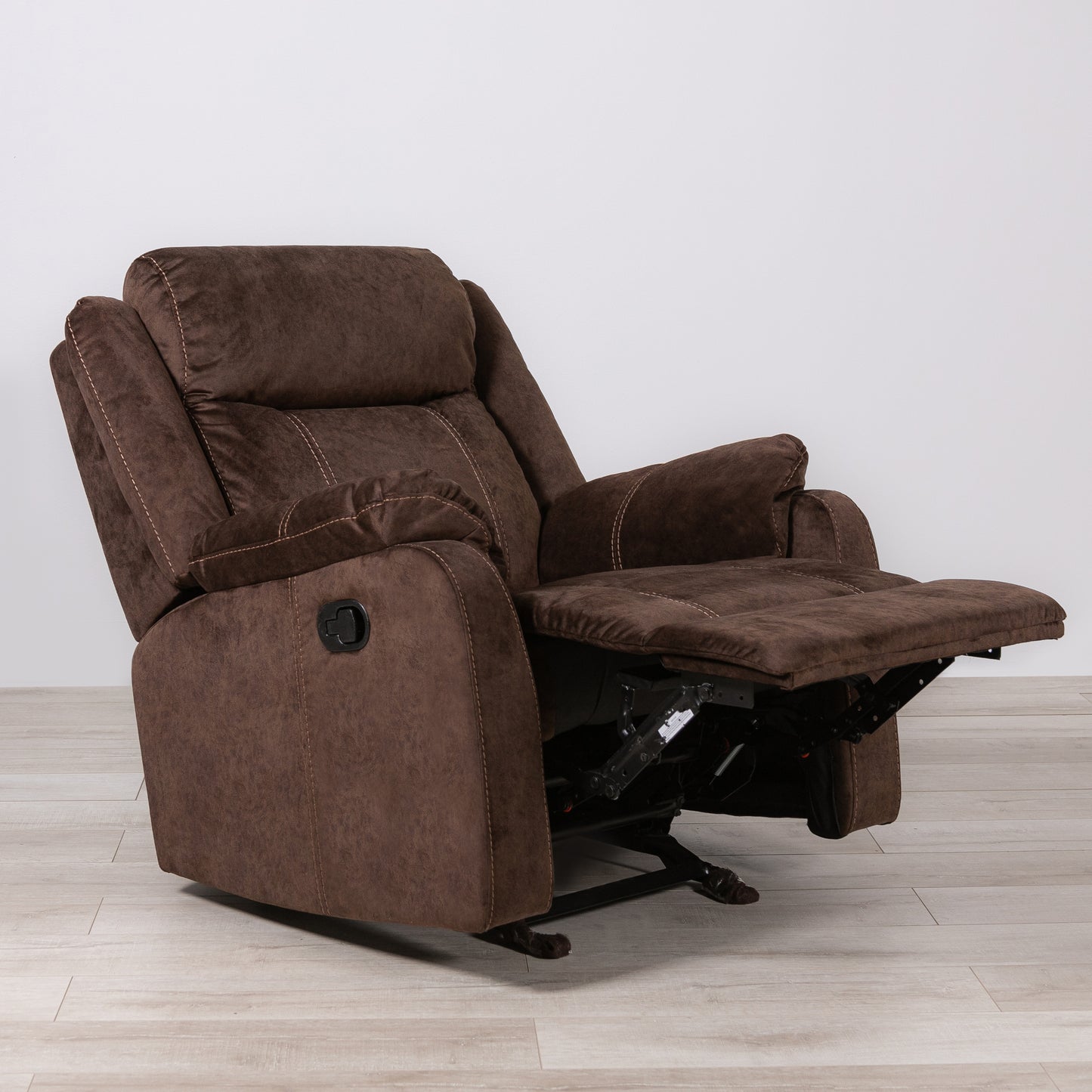 Brown fabric recliner chair with plush cushioning and contrast stitching for ultimate comfort