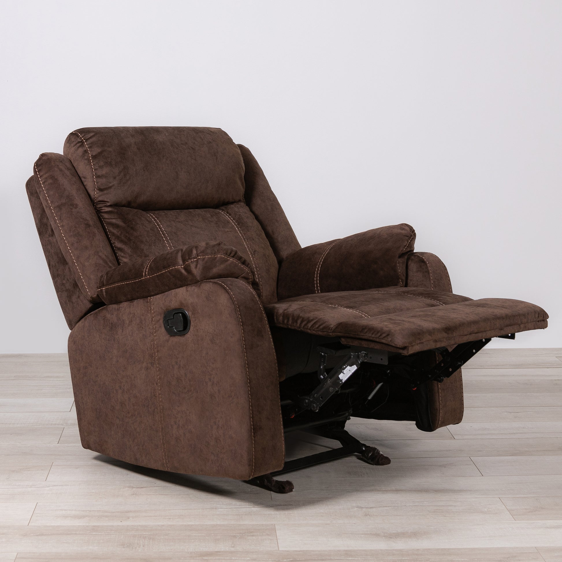 Brown fabric recliner chair with plush cushioning and contrast stitching for ultimate comfort