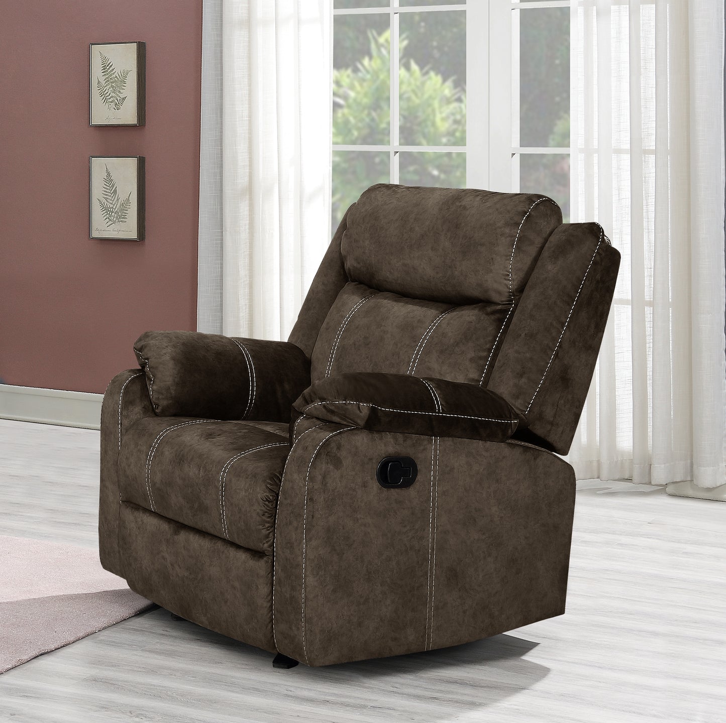 Plush brown recliner chair with white stitching detail and lever for easy reclining