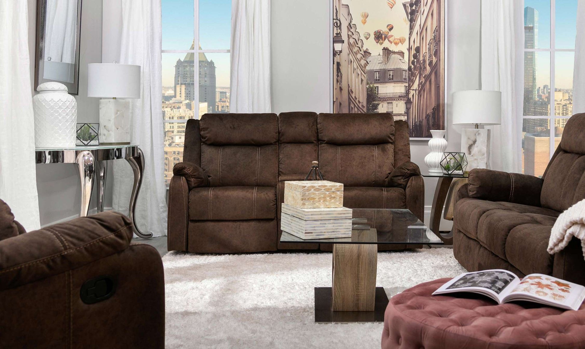 Plush brown microfiber reclining sofa with white stitching for a living room setting