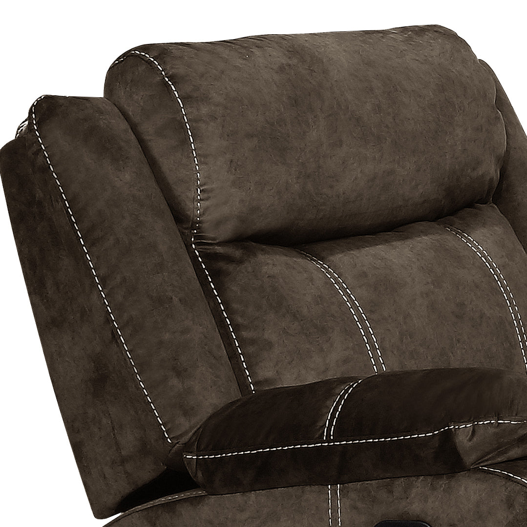 Dark brown recliner headrest and armrest with white contrast stitching