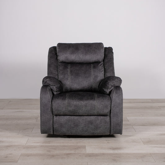 Comfortable charcoal grey recliner chair with white stitching detail and padded headrest