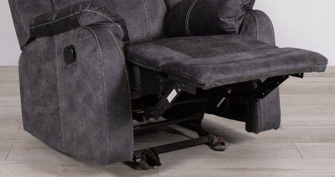 Dark gray fabric recliner chair with footrest extended and visible mechanism