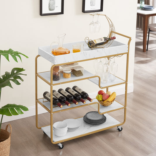 Gold and marble bar cart with wine bottles and glasses