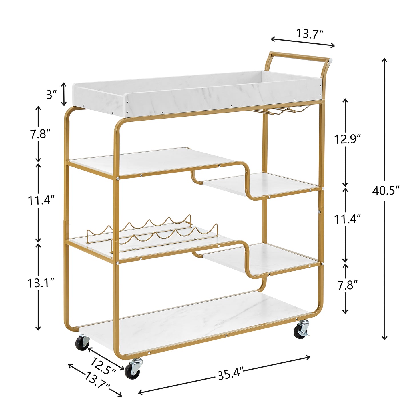Gold and white marble bar cart with wine glass rack