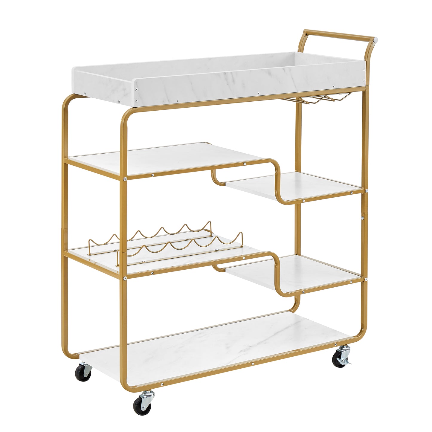 Gold metal bar cart with white marble shelves and wine glass rack