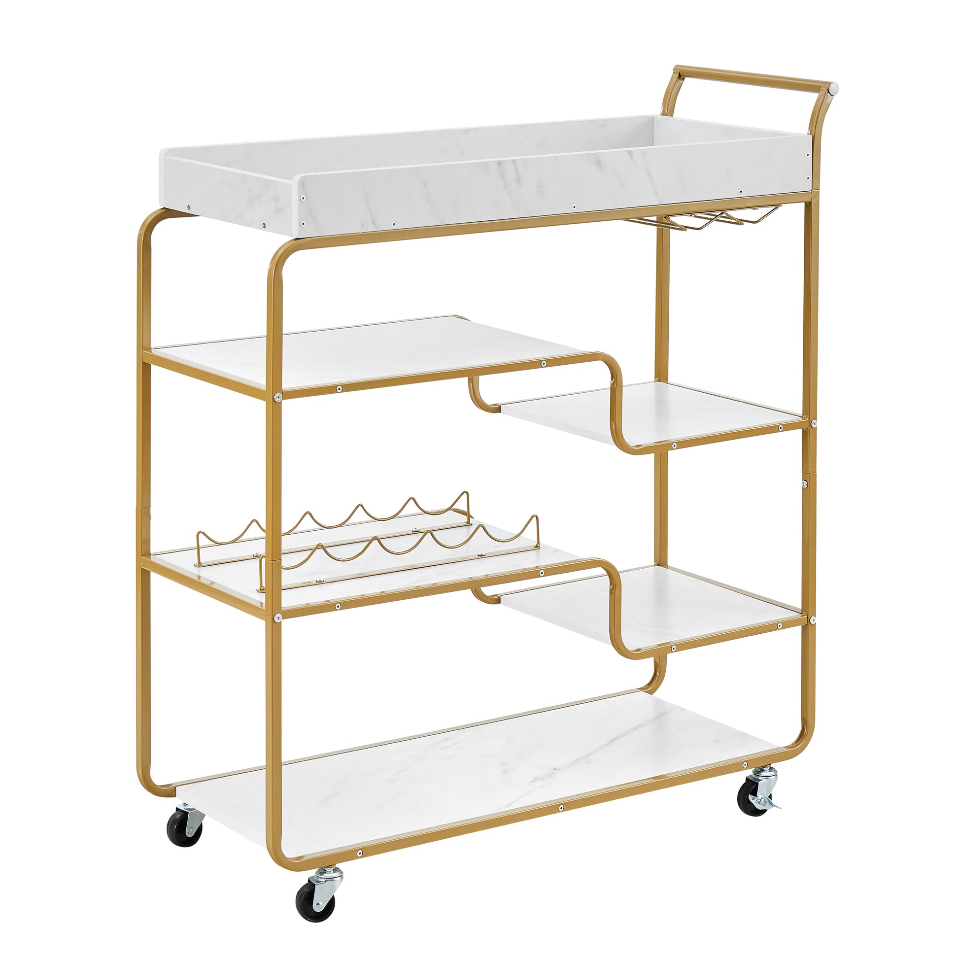 Gold metal bar cart with white marble shelves and wine glass rack