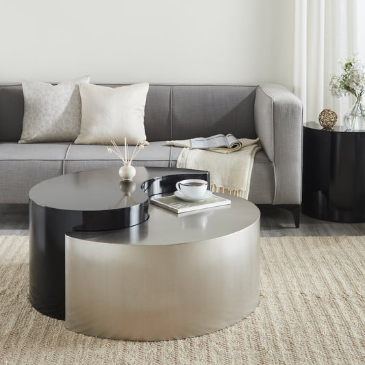 Modern twotone nesting coffee table in silver and black metal finish