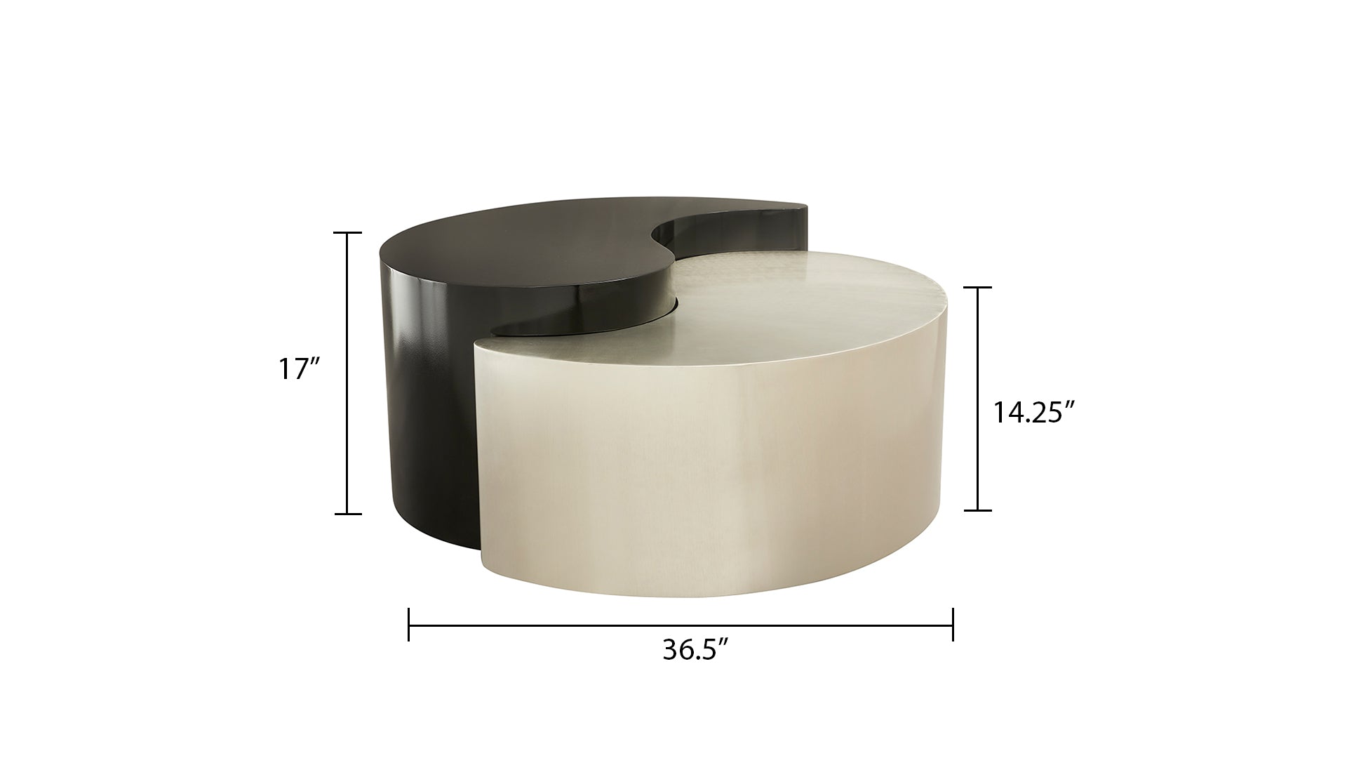 Modern yin yang coffee table split design with black and metallic finishes