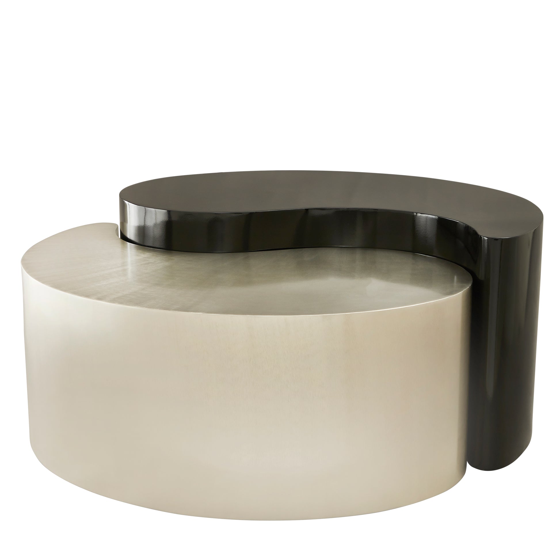 Modern black and silver yin yang coffee table with curved surfaces