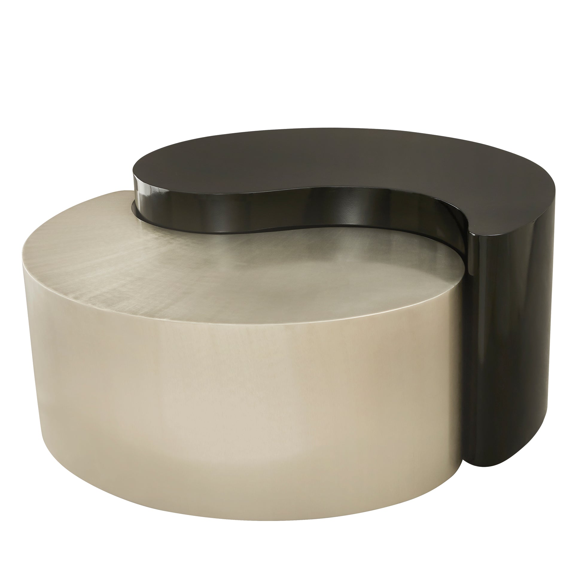 Modern yinyang inspired coffee table with brushed gold base and black glossy top