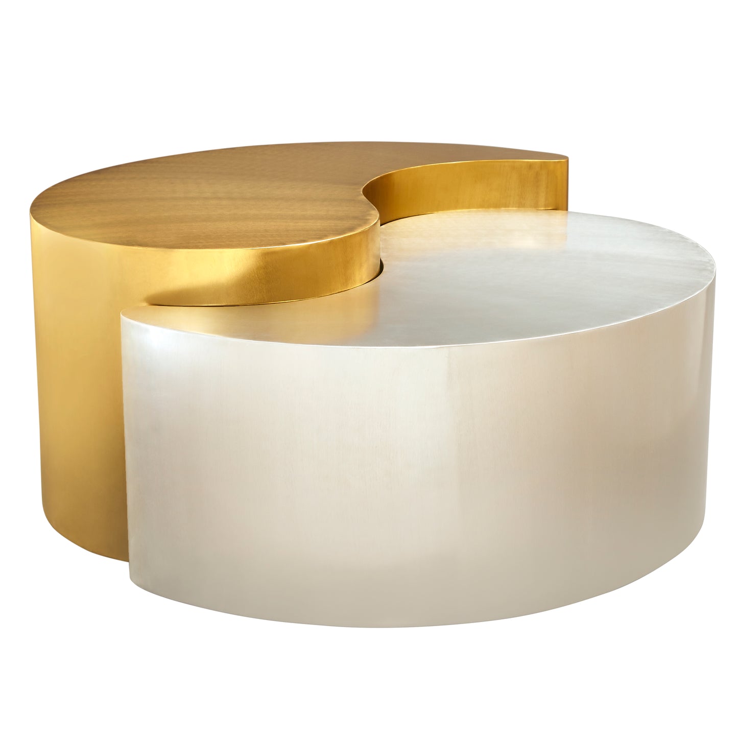 Modern Yin Yang coffee table in gold and cream brushed metal finish