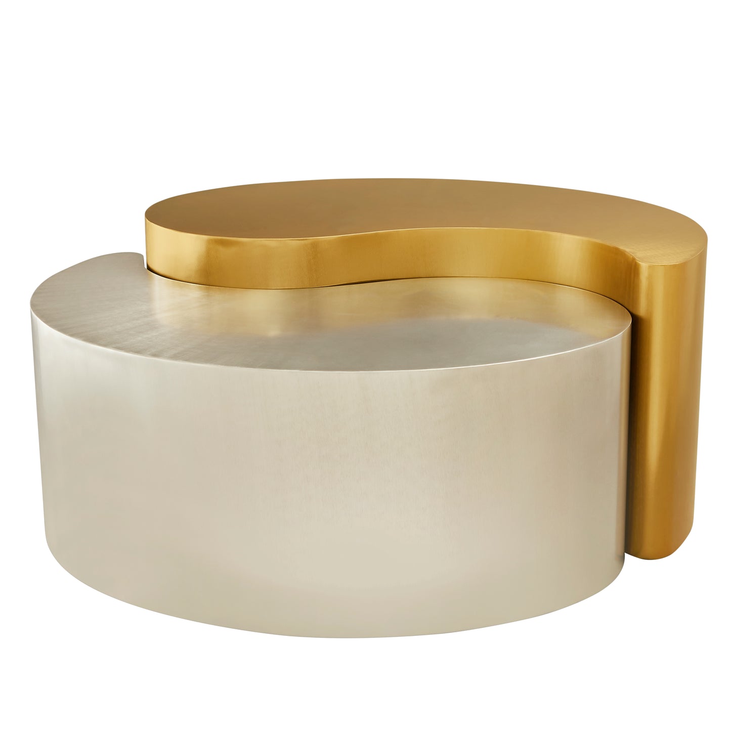 Abstract yin yang coffee table in brushed metal and brushed gold finish