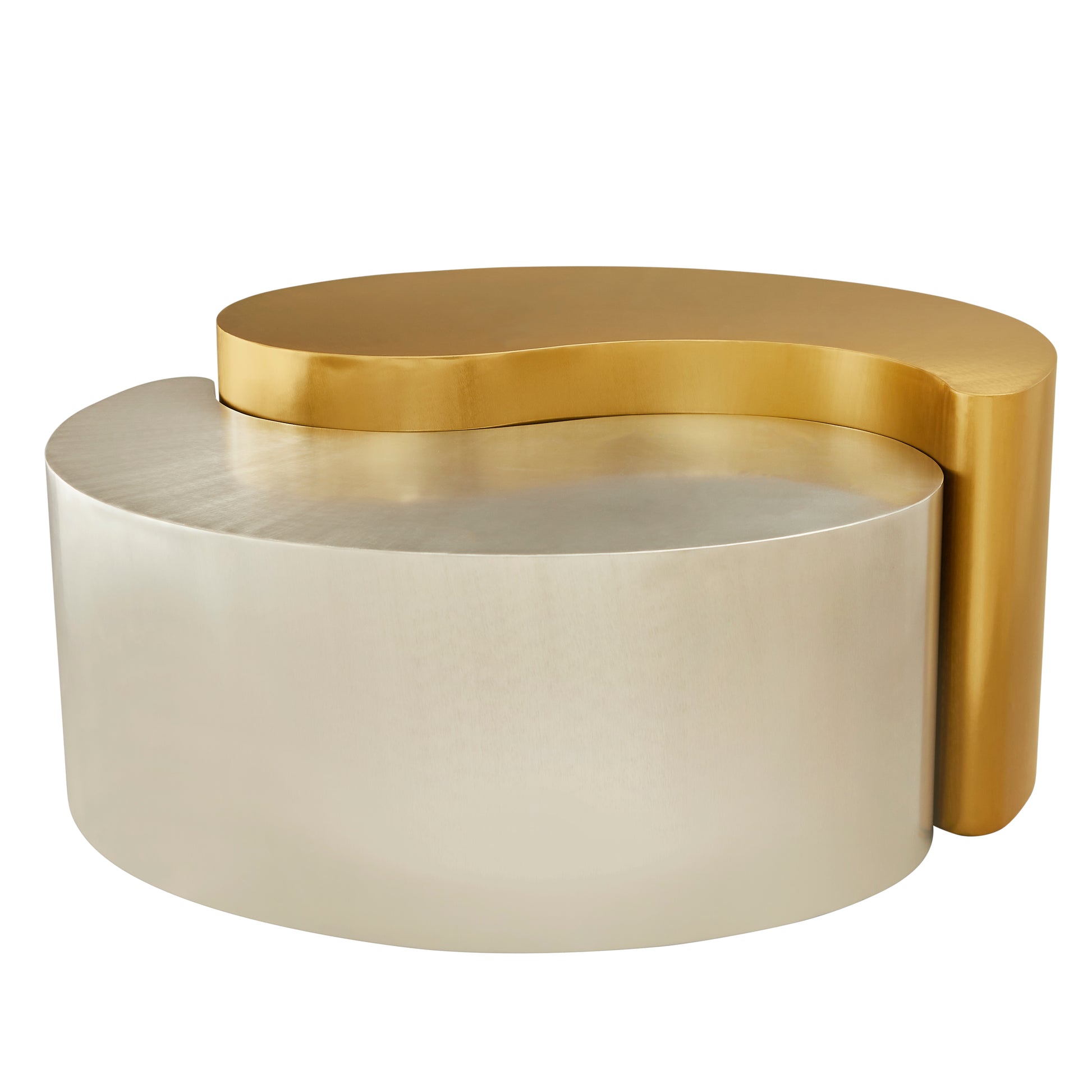 Abstract yin yang coffee table in brushed metal and brushed gold finish
