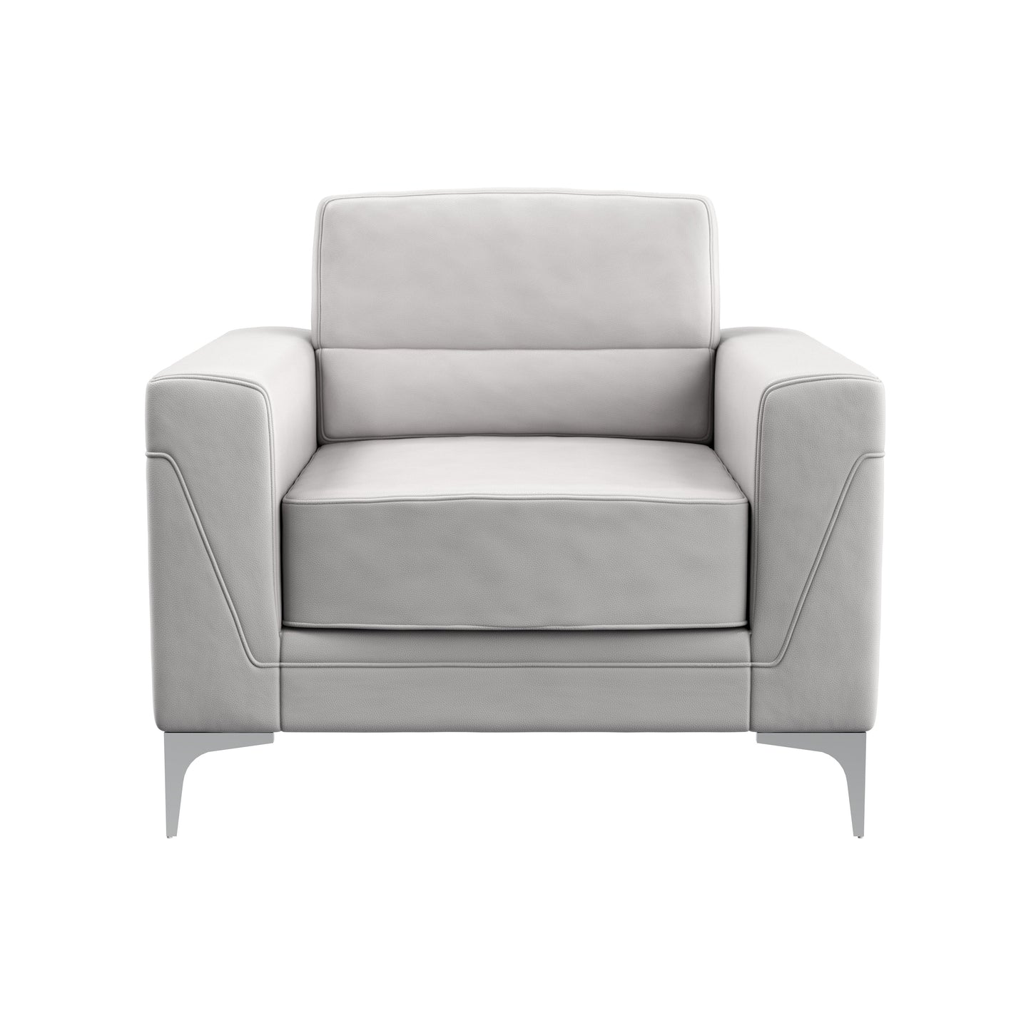 Modern light gray leather armchair with silver metal legs perfect for living rooms