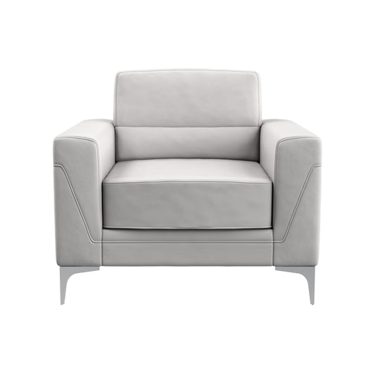 Modern light gray leather armchair with silver metal legs perfect for living rooms