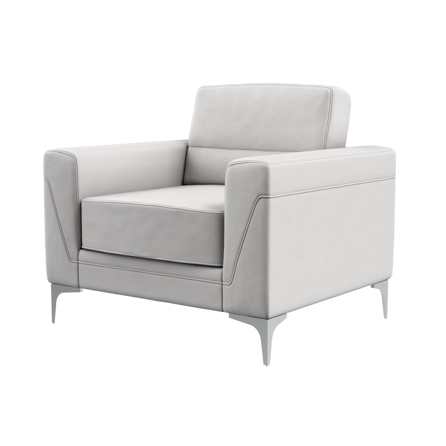 Modern white leather armchair with polished metal legs and clean stitching
