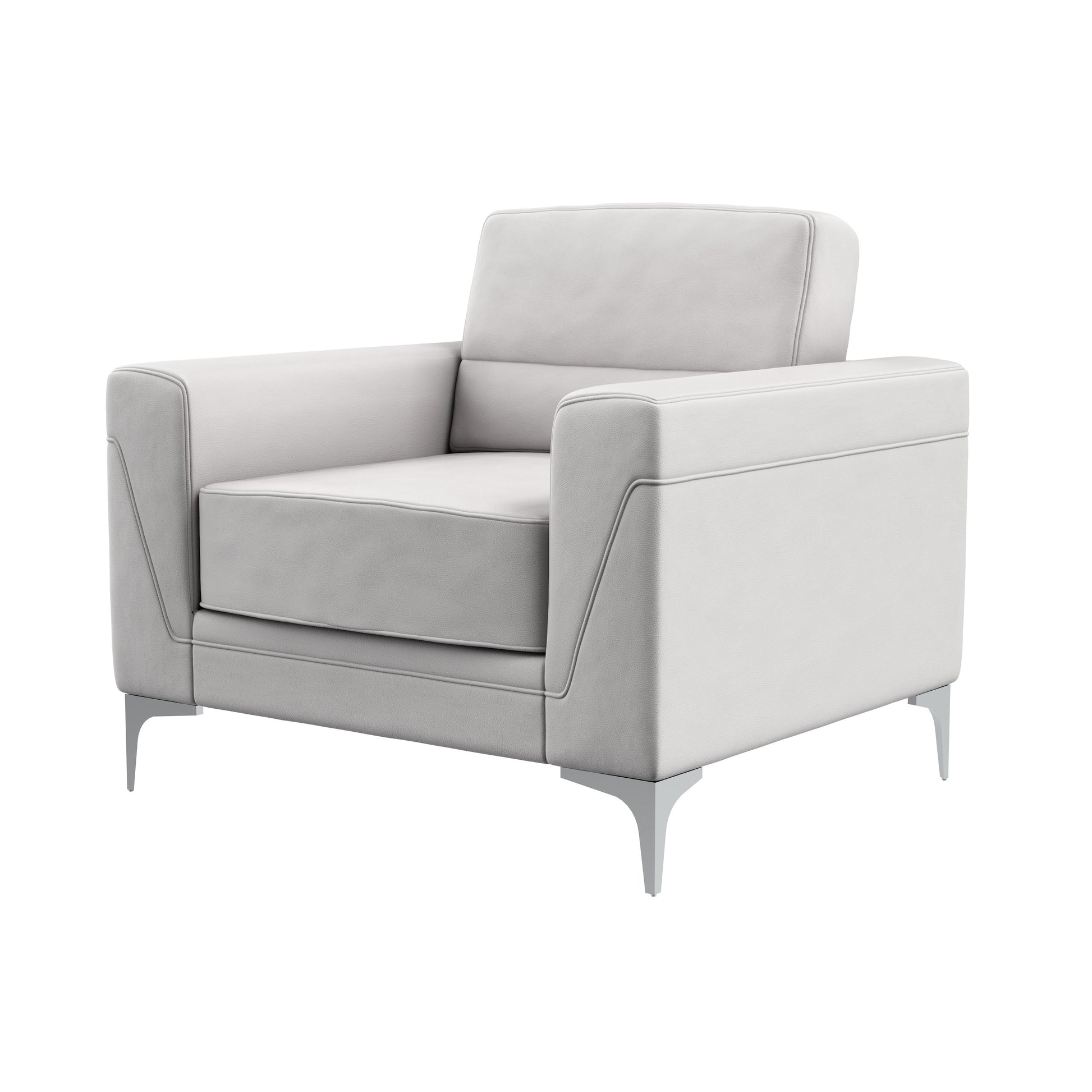 Modern white leather armchair with polished metal legs and clean stitching