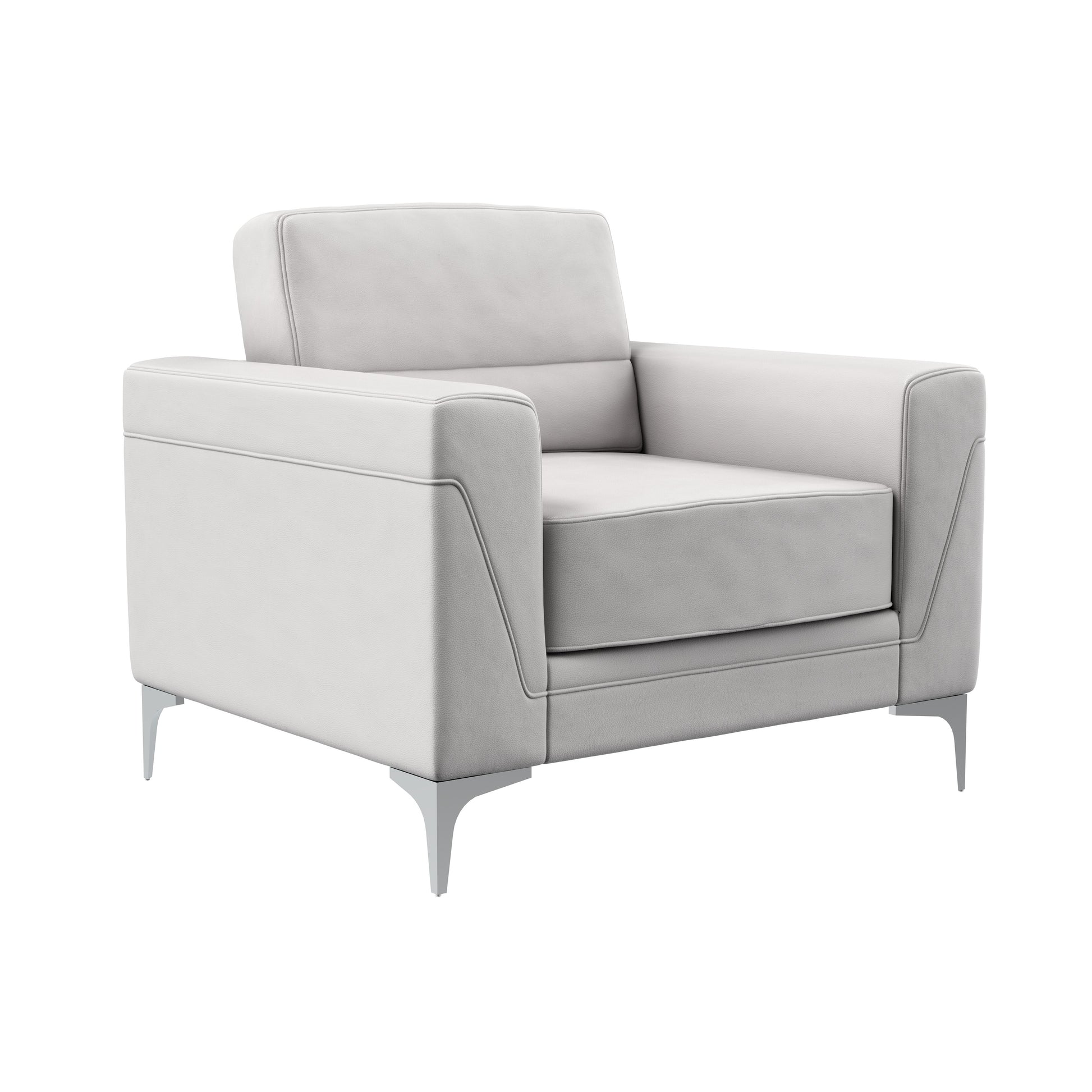 Modern white leather armchair with clean lines and silver metal legs
