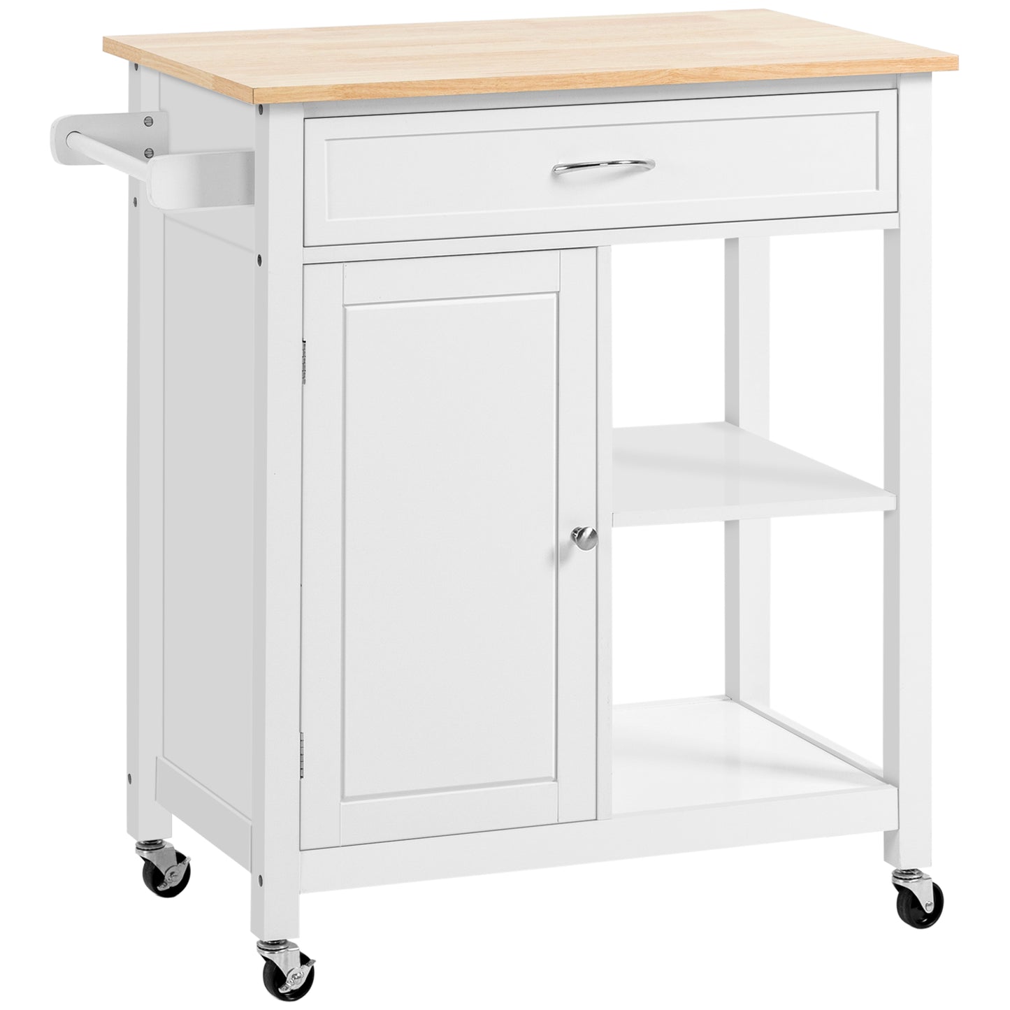 White kitchen cart with butcher block top and storage